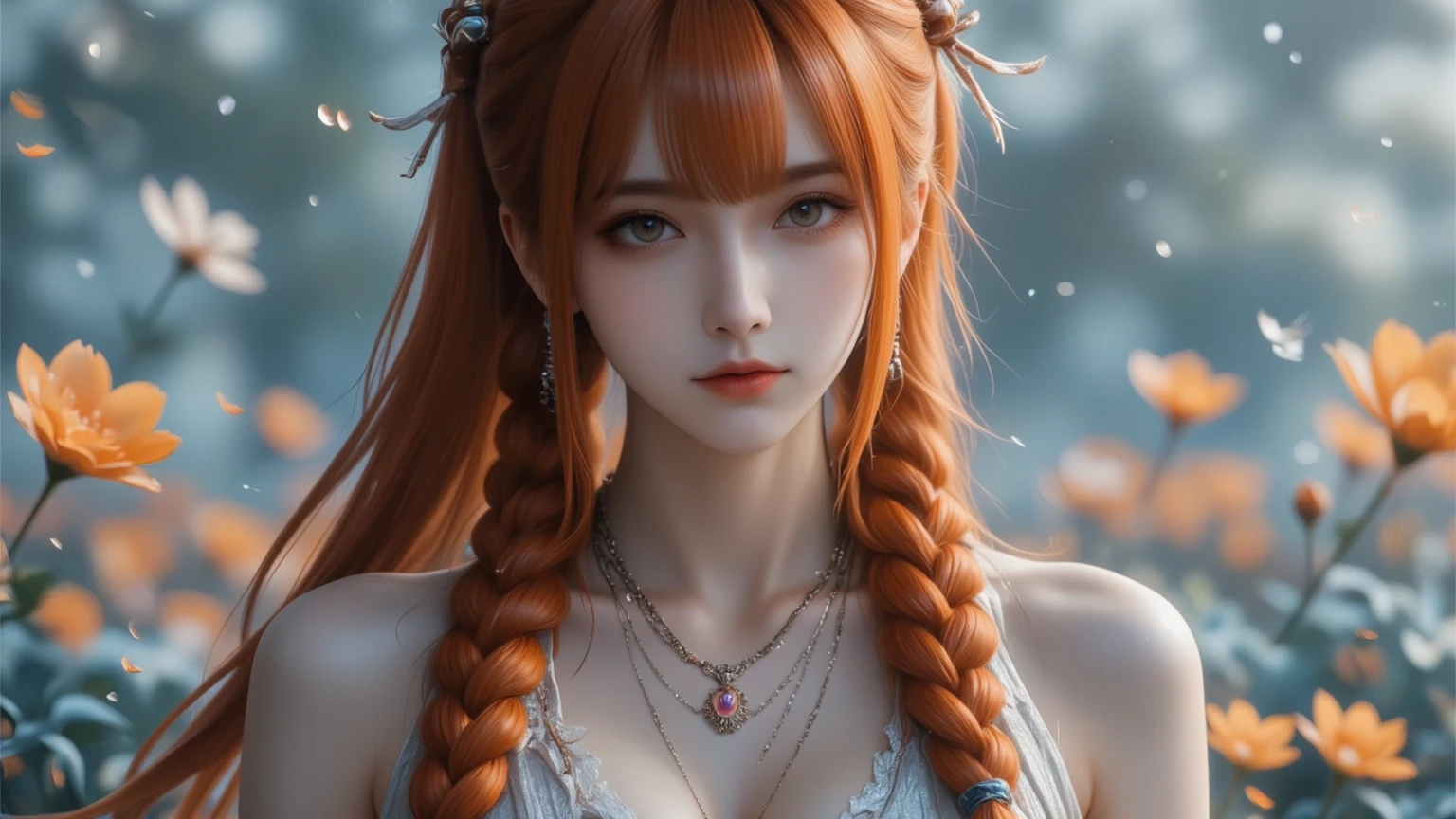 (masterpiece,best quality,ultra-detailed), A portrait of a beautiful adult woman smilling at us, Blonde straight hair styled into a French braid that rests over the left shoulder, Small eyebrows, captivating purplish-blue eyes, red eyeshadow, Her features are delicate and finely shaped, with a small, refined nose and lips, large and tall fluffy fox ears in vibrant orange with black tips, A striking red flower is gracefully tucked into her braid, Wide traditional blue yukata adorned with intricate floral patterns, ethereal allure ((Manhwa mom)) large hips, fox queen with 9-tails, 8k, large breasts, beautiful scenery ((no other ears but fox ears))