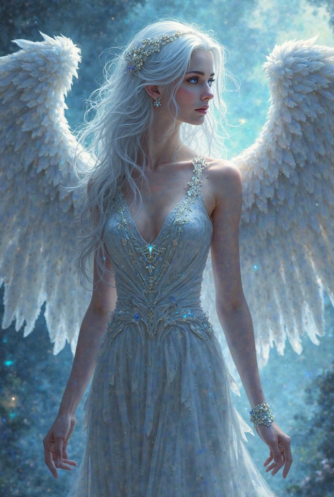 (tmasterpiece), (beste-Qualit:1.4), Sitting on a cloud, bowed her head forward, [intricate detials:0.2], Extremely detailed, (s fractal art: 1.3), Colorful, As detailed as possible, large natural breast, Very very long white hair, Sleepy gaze, slick hair, A shot between the hair, white short sheer dress with sleeves, (gap between the thighs:1.1), (high skin detail: 1.2), angel, nimbus, Huge angel wings, The sky, Shimmering aura, Intense Focus, Crackling energy, Mysterious symbols, Sparkling specks of dust,