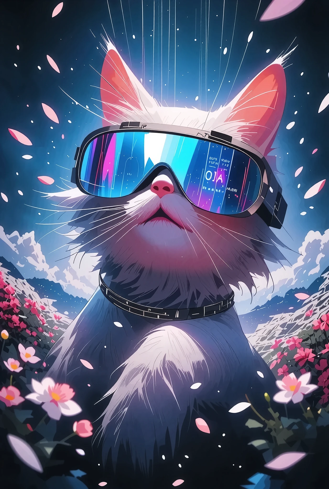 The cat is wearing virtual goggles, overlay the internal calculation of the hologram projector on the whole, I'm going to finish the POV that sees the projection of virtual glass as a whole work, Sakura Rock on Ghibli style, pcp, hxy1,