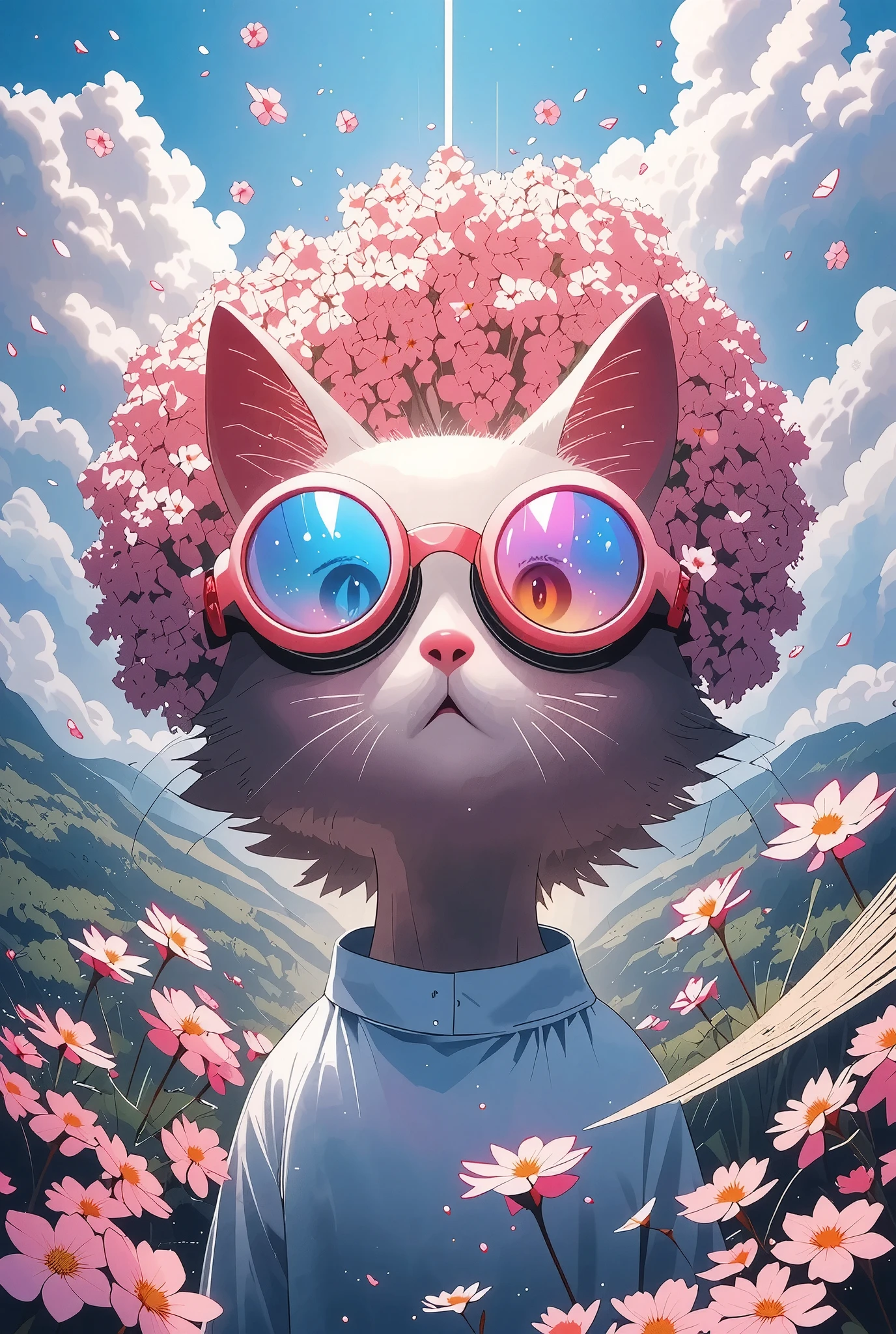 The cat is wearing virtual goggles, overlay the internal calculation of the hologram projector on the whole, I'm going to finish the POV that sees the projection of virtual glass as a whole work, Sakura Rock on Ghibli style, hxy1