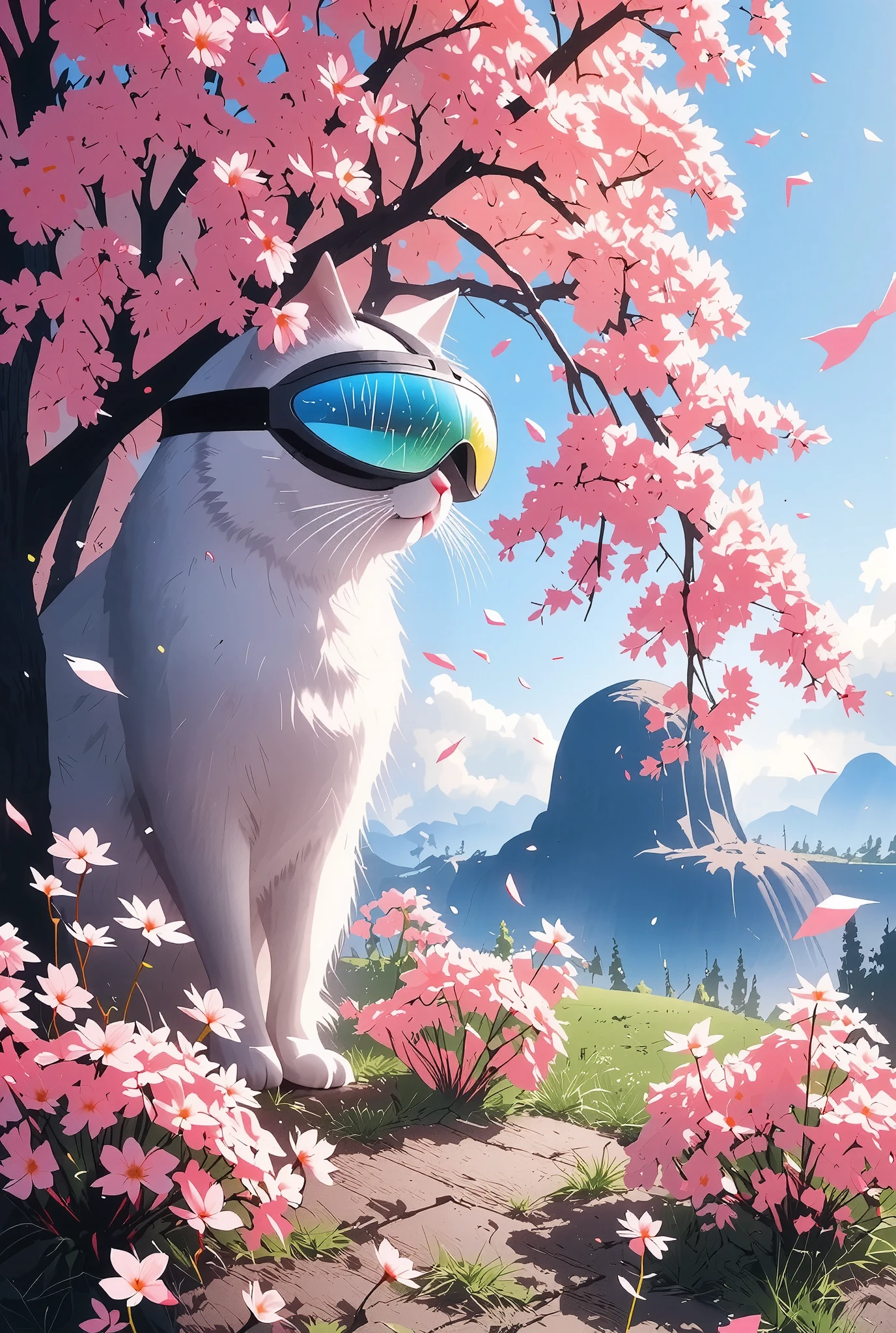The cat is wearing virtual goggles, overlay the internal calculation of the hologram projector on the whole, I'm going to finish the POV that sees the projection of virtual glass as a whole work, Sakura Rock on Ghibli style, hxy1