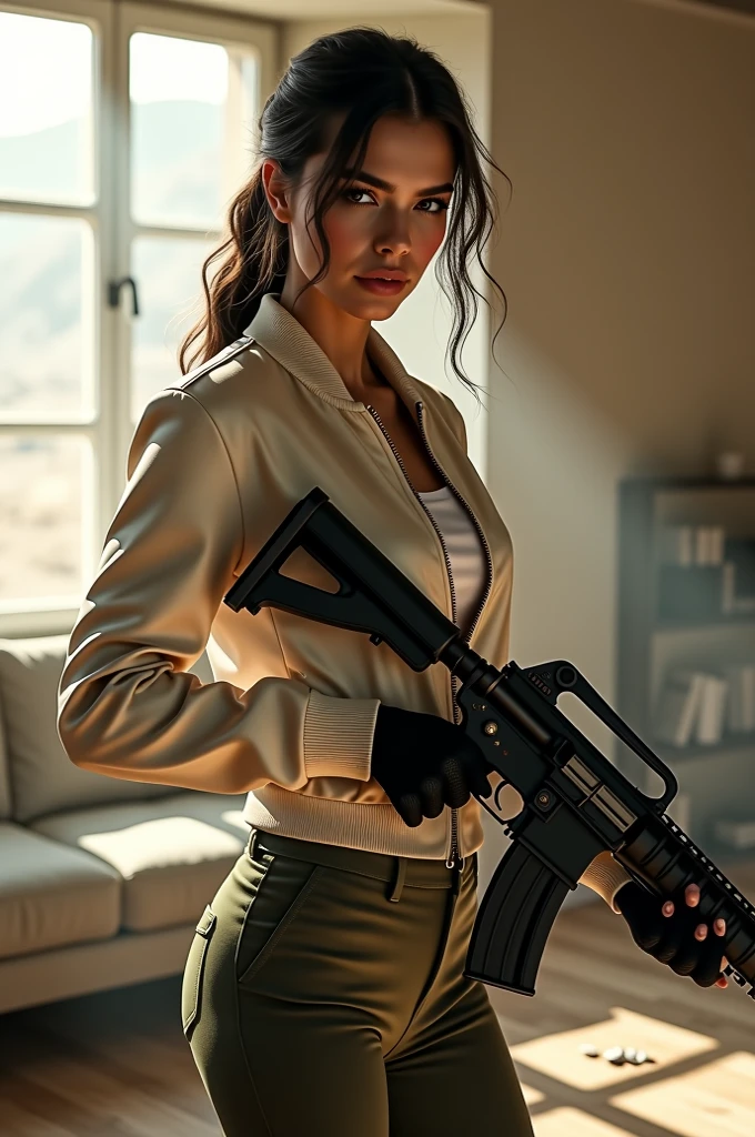 wide depth of field, wide depth of focus, f/11 lens setting, all objects in focus, full color image, woman with ar15, holding at15 rifle, living room background, full body image, (dark turquoise and white short cropped soft shiny satin bomber jacket), zipped up jacket, pleated shiny satin mini skirt, woman posing with am ar15 rifle,,pistol in one hand, pure form, intricate details, 8K post-production, high resolution, super detailed, Popular topics on Artstation,, Studio photos, intricate details, Very detailed, many defeated men lay on unconscious with closed eyes on the floor in the background