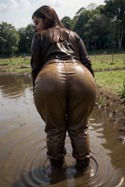 a fat young korean lady and man big breast and big ass no clothes The field is black muddy puddles swin crawl