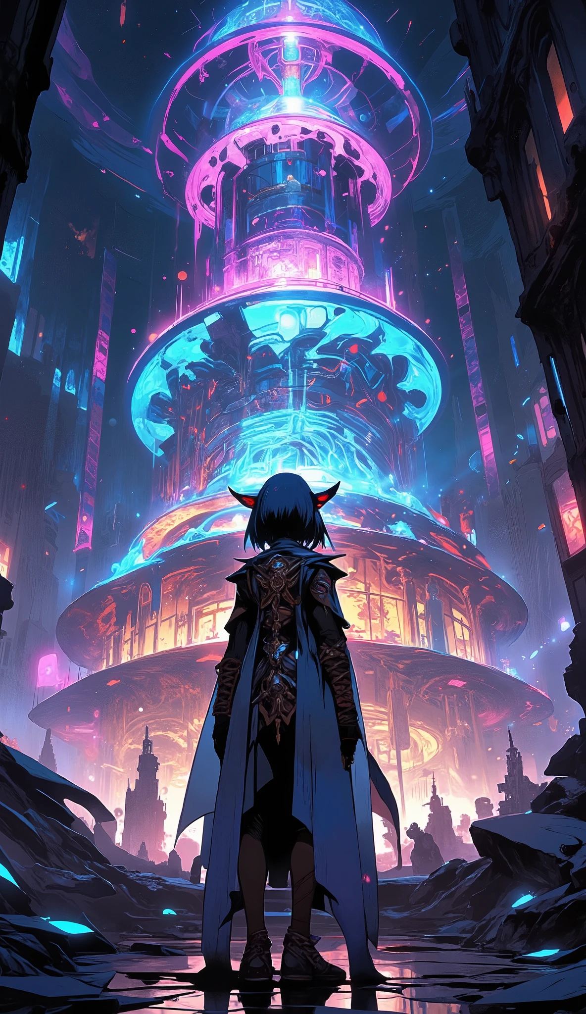 Masterpiece, digital art, ethereal fantasy, 4K wallpaper, 3D render, intricate detail, artistic portrayal, vibrant colors, dreamlike atmosphere, high resolution, detailed textures, mystical elements, artstation trending.
Lumina Echoes of the Chronarium, isekai fantasy, urban landscape, city of fractured time, shimmering Chronarium crystals, cascading temporal echoes, dynamic formations, luminous glow, diffused light, integral element, sense of depth, atmospheric perspective, mystical ambiance, circular layered city, translucent overlays, ghostly reflections, prismatic shadows.
1girl, a young Echo Weaver, contemplative pose, observing the city's temporal layers, wearing flowing robes, adorned with Chronarium fragments, intricate designs, glowing patterns, gazing at the cityscape.
Center point of Image View, the perspective of the image is captured from a low angle, emphasizing the towering city and the swirling Chronarium, composed thoughtfully using photographic techniques, such as dramatic perspective.