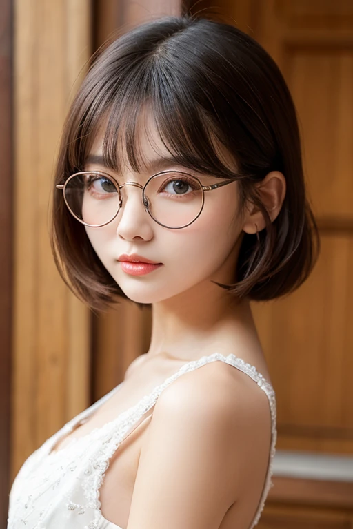 ((Highest quality)), ((masterpiece)), (detailed), pretty girl,Light clothing,Big Breasts,Black Hair,Glasses,Short Hair