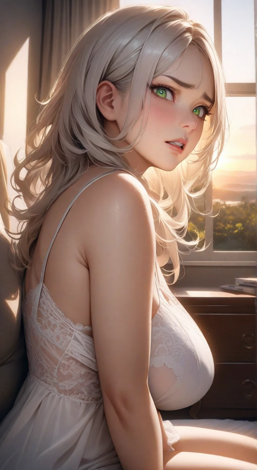 Woman, sitting on the bed, facing a window, beautiful beach, sky full of clouds, (((full of details)))), ultra HD, totally realistic, (((best quality)))), she in black and orange bikini, hair bangs, white hair, pink cheek, fine features, beautiful breasts, (((arms squeezing breasts)), (((seen from the front))), from the waist up,