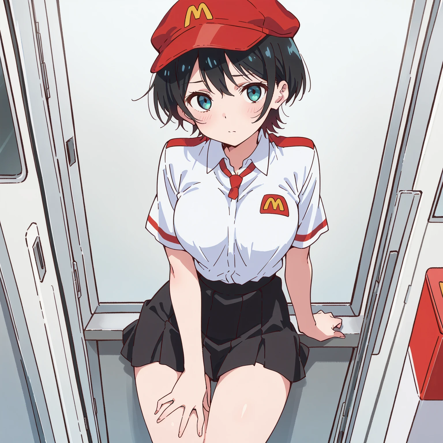 masterpiece, best quality, solo,1girl,looking at viewer,indoor,McDonaldâs,
 McSumire,Black mini skirt、Put your hands inside your panties、Leg spread、A sultry expression、Spreading her legs and showing her panties、Sticking out tongue、White panties、Bring your crotch closer to the camera、