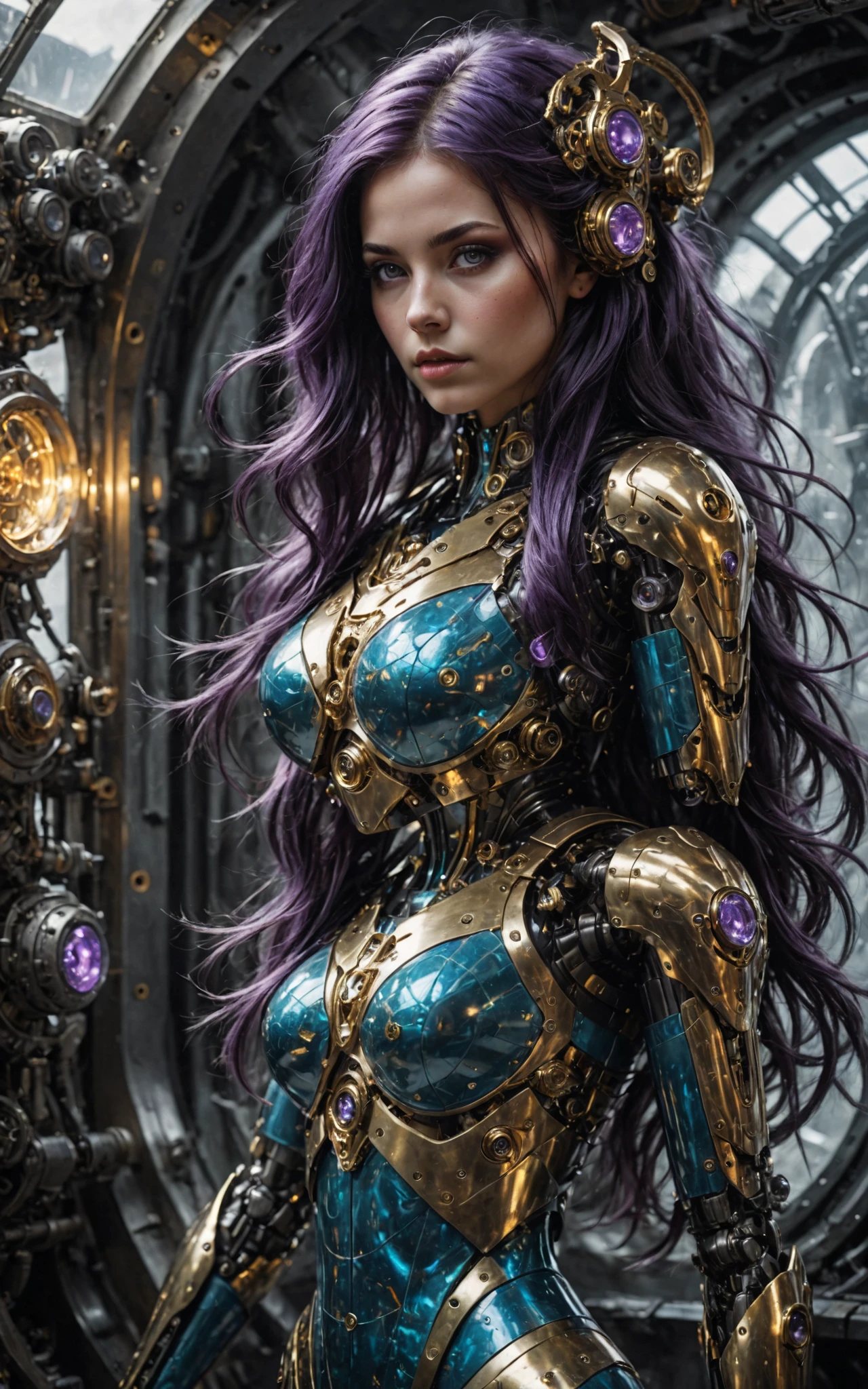 (Best quality, 4K, 8 k, A high resolution, masterpiece:1.2), absurdity, masterpiece, ultra detailed, (realistic, photorealistic, photorealistic:1.37), complex parts, HDR, (complex parts:1.12), (hyper detailed, hyper realistic, Soft lighting, spicy:1.2), beautiful figure, Magnificent Anatomy, (complex part, Hyper detailed:1.15), Smooth skin, Cyborg in fancy clothes at a reception in the palace of the Padishah