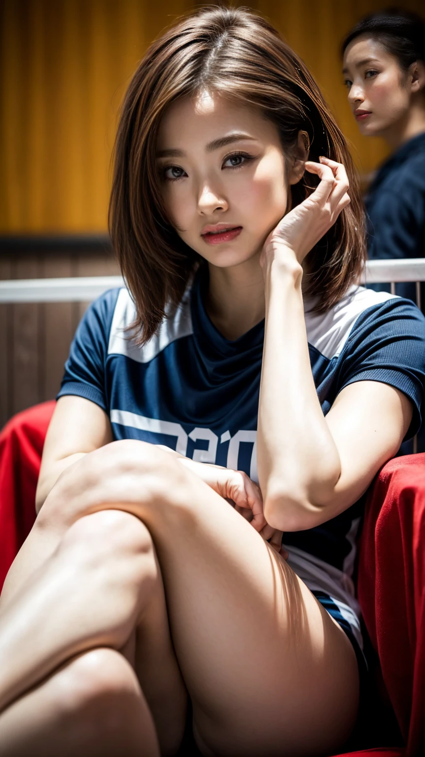 8k,Woman in T-shirt,Bigchest,Height 1.8 meters,Tall,Side-split bangs,Barefoot,Eye makeup,perfect bodies,Amazing