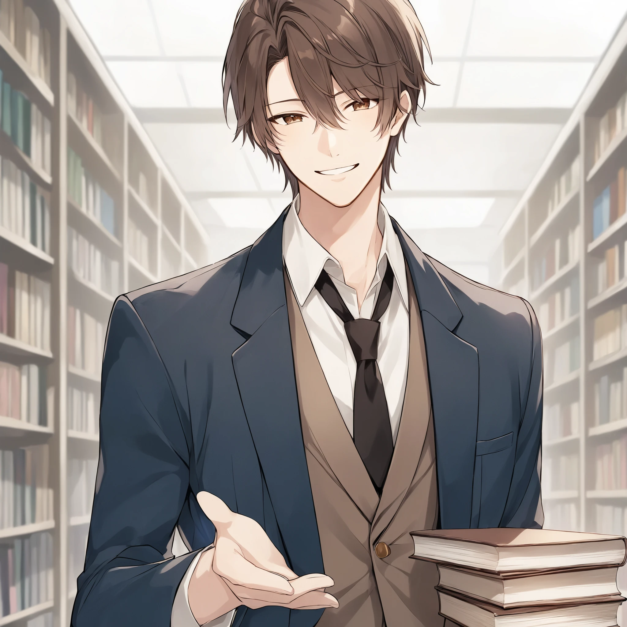 A recent Japanese anime style。suit。Age 30。one man laughing faintly。smoky brown hair。hand me a book with a gentle smile。 Libraries