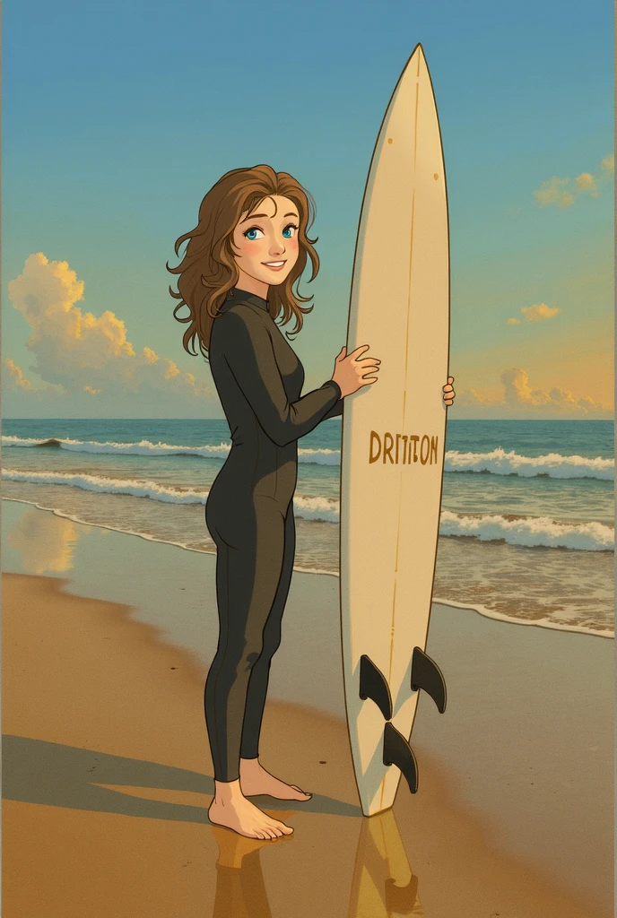 Make a caricature of a woman with curly hair, wearing a swimsuit, standing on a deserted island, next to her sits a walrus in a winter hat. In the background you can see a palm tree