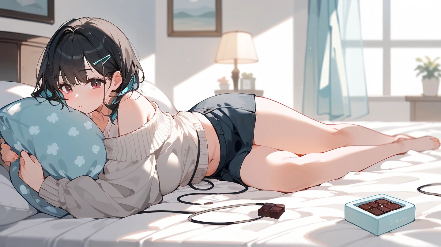 (Score_9, Score_8_up, Score_7_up), soft shading, anime-style eyes,
(1 woman, 25 years old, full body but cropped, beautiful black eyes, soft glow),
Black hair, short hair, Japanese bob hair, light blue hairclip, soft expression, delicate features, white oversized cable-knit sweater,jean skirt,
laying down, comfortable reclining pose, back on bed,
soft sheets,flurry pillow, chocolate ,silky bedding, breast, plump legs, pastel colors,
(holding an object, fingers curled),
cropped composition, off-frame legs, natural framing, artistic close-up, depth of field,
cinematic lighting, warm atmosphere, pastel colors