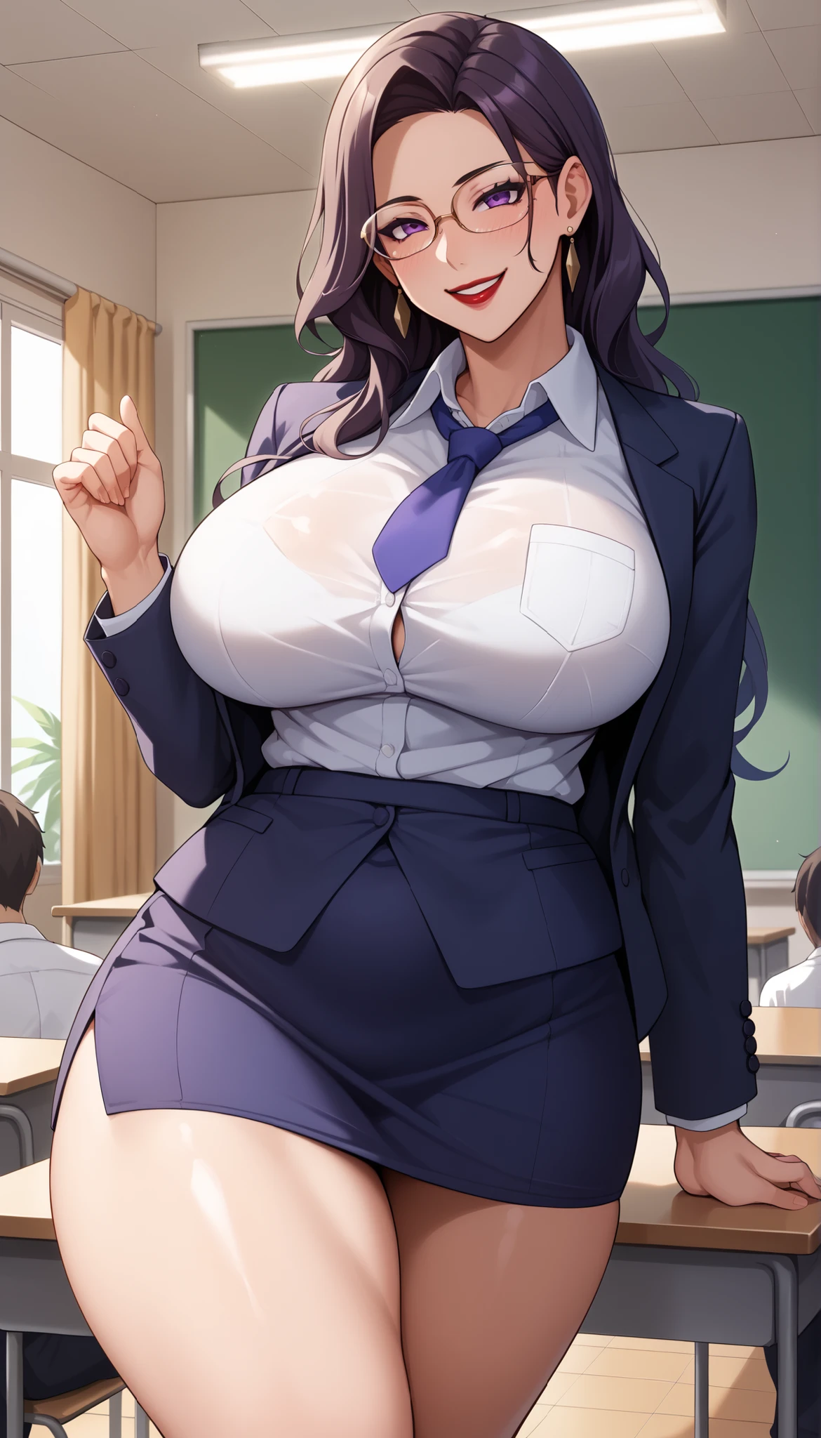 Woman in a school uniform, skirt, shirt, sweaty, curvy, busty, evil smirk, thick thighs, view from below, presenting her butt
