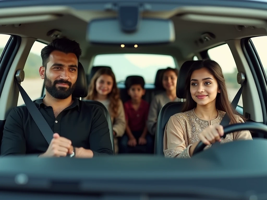 

"Please create an image of a Islamic Pakistani family at the consisting of a husband, a veiled wife, two daughters, and a young son, all together in lexuray car."