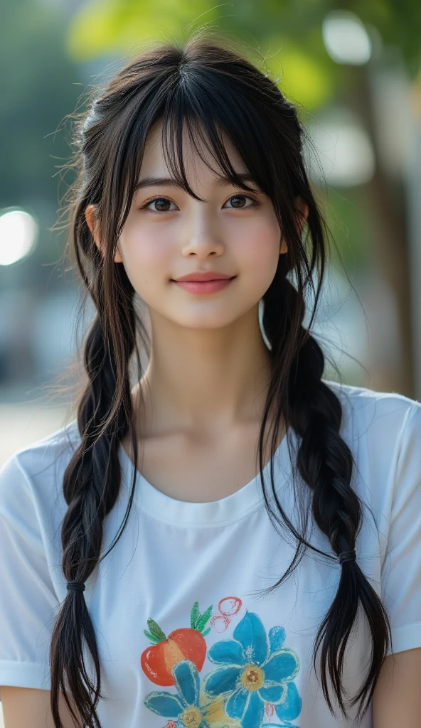 Japanese women, Portraiture, Upper Body, light smile, Warm tones, Urban Background, Industrial Building, photograph, Simplicity, High resolution, Natural Makeup, Young people, Fujifilm XT3, Canon R5, Fujicolor Fujichrome Velvia 100,smile,Upper Bodyのphotograph、Braiding