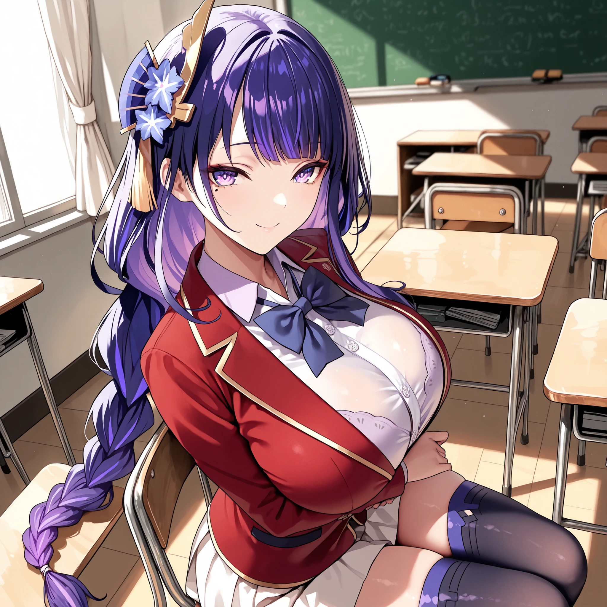 masterpiece, high quality, best quality, very aesthetic, absurd, raiden shogun, braids, long hair, one mole, one mole under the eye, purple eyes, purple hair, wearing a red blazer with yellow stripes, wearing a white shirt, wearing a short white skirt with black stripes, blue light ribbon, wearing black stocking, beautiful purple eyes, long purple hair, very big breasts, smile face, sexy pose, solo woman, anatomical details,smile face , sexy, indoor, best quality, nice eyes, solo woman, looking at the audience, plump thighs, perfect background, Oppai / Slim body big breasts, only one woman, perfect big thighs, side, 4k resolution, in classroom, classroom of the elite school uniform, black stocking, stocking, sit on chairs