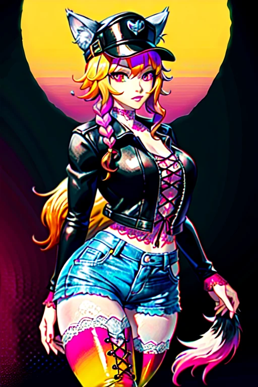 Background, In chic boho style, purple hair, Long Hair, super long hair, from back, Ice cream print, multi-colored neon lights, neon garlands, lavender mint hair, mixed-language_SMS, Japanese graffiti, (beautiful and clear background:1.2),, fantastic paintings ,graffit style, olhos altamente detalhados , Underwear, lace, latex, blonde girl, Cat Print, tattoo, Loving, Love, ultra detailed hair, Masterpiece, Best Quality, hig quality, high-resolution, detail enhancement, ((most beautiful image in the world)), Masterpiece, Best Quality, hig quality, high-resolution, detail enhancement, ((most beautiful image ), Shiny pink degrade hair, ultra short fitted Stampa Flores, Rollers, tights in a mesh, Short denim shorts, art by stjepan sejic, art by j scott campbell, art by guillem march, art by citemer liu, 4k, high-resolution, comic book character, comic, high quality detailed, style of ::2.0 comix illustration style,tatoon style, hig quality, high-resolution, detail enhancement, 8K, HD, Best Quality, hig quality, high-resolution, detail enhancement, 8K, HDR, Sharp focus, Ultra Detailed, Perfect lighting, Curvy Body, Lush breasts, Curvy hips
