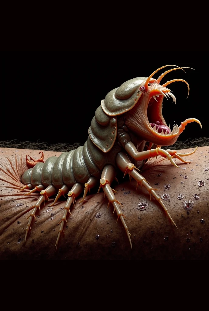araffe en el brazo de una persona con la boca abierta, centipede, giant centipede, Las mejores criaturas horribles, Isópodo, vida de insecto dentro del cuerpo humano, antebrazos insectiles doblados, apariencia feroz, monstruo gusano, garras afiladas y detalladas, megalophobic, Award-winning macro photography, criatura aterradora, criatura tubular, They could be crawling, scorpion, insectoide