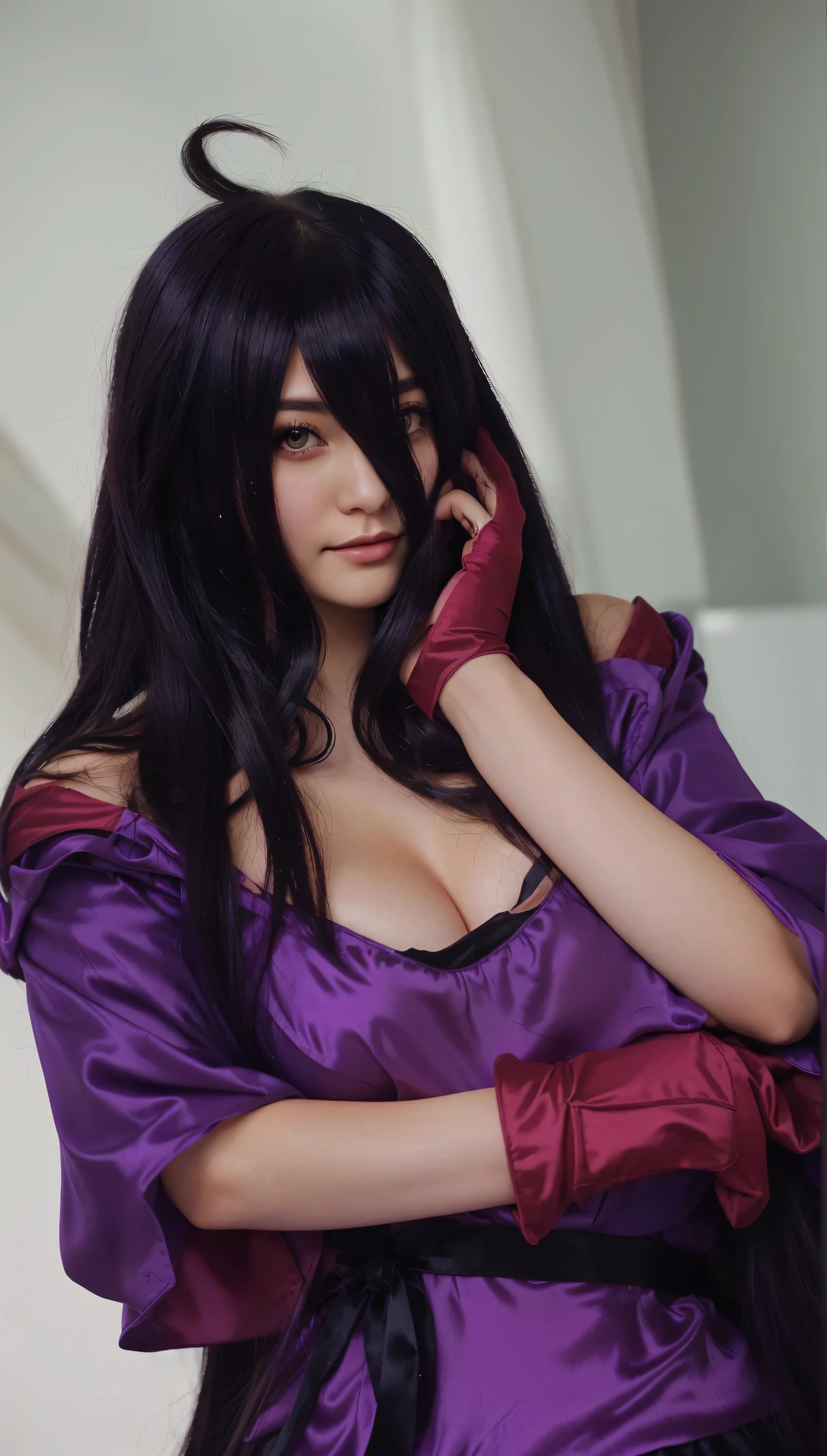 Beautiful veiled girl with long hair, hair sticking out from under the scarf. Short and tight skirt, beautiful purple bust, big and beautiful black eyes, very high quality, very realistic, thin long black socks, black tent, orange dress, beautiful lips, one leg can be seen through the clothes