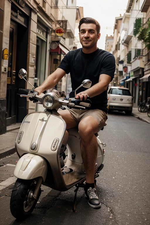 22yo Neapolitan man, model good looks, sitting on a Vespa in the street, fully naked, realistic penis, scrotum. pubic hair