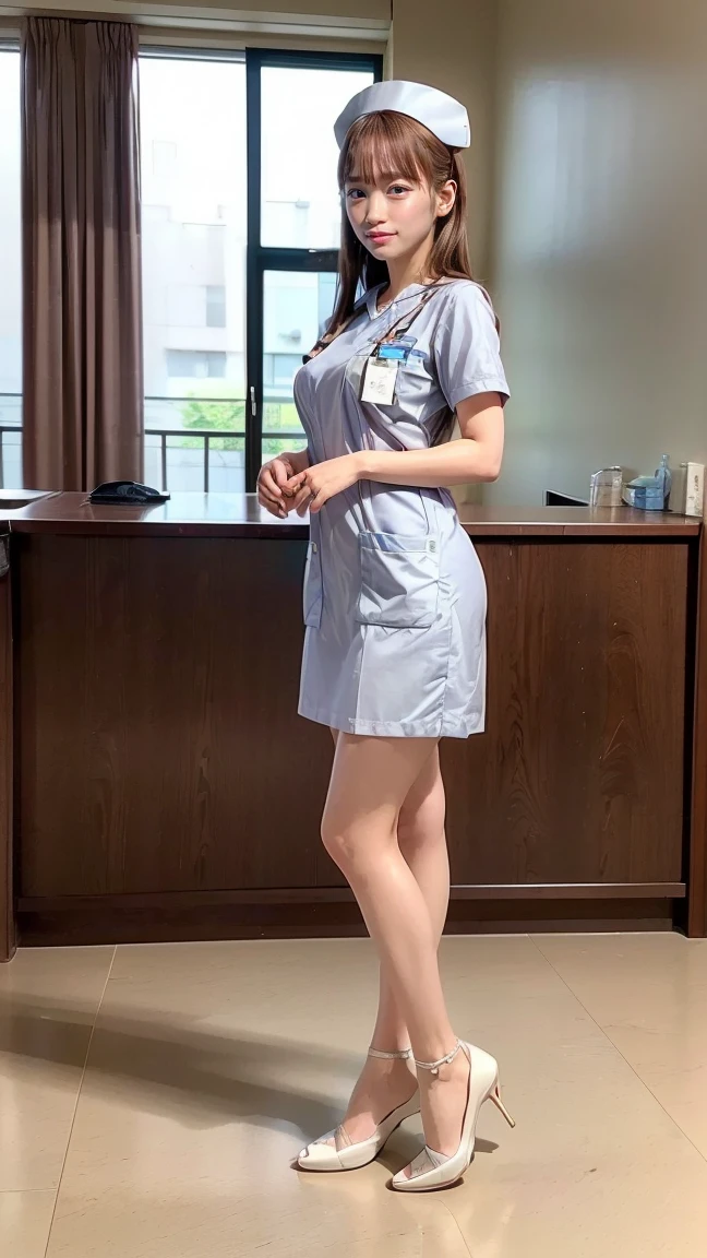 ((Best Quality, 8K, Masterpiece: 1.3)), Wide Angle, Focus: 1.2, 2 Petite Nurses, Perfect Body Beauty: 1.4, ((Short Hair, Layered Haircut, Beautiful Breasts: 1.2)), (Wet Clothes: 1.1), Highly Detailed Face and Skin Texture, Fine Eyes, Double Eyelids, Whitened Skin, (Realistic Light, Best Quality, 8K, Realistic, Masterpiece: 1.3)), Clear Focus: 1.5, Beautiful Nurse, Perfect Body Beauty: 1.4, Slim Abs:1.1, ((Dark brown layered short hair flowing hair: 1.2)), (White nurse suit: 1.4, Blue nurse uniform: 1.4, open, nurse cap: 1.2, gloves: 0.5), Operating room, ultra-fine face, realistic pupils, double eyelids, long eyelashes, swollen eyes, healing smile, pink and fair skin: 1.5, (delicate stiletto heels crystal band sandals, high quality: 1.2, fair pink toes: 1.5), waist focus, hip focus, buttocks: 0. 6, Model pose [Full body: 1.2]