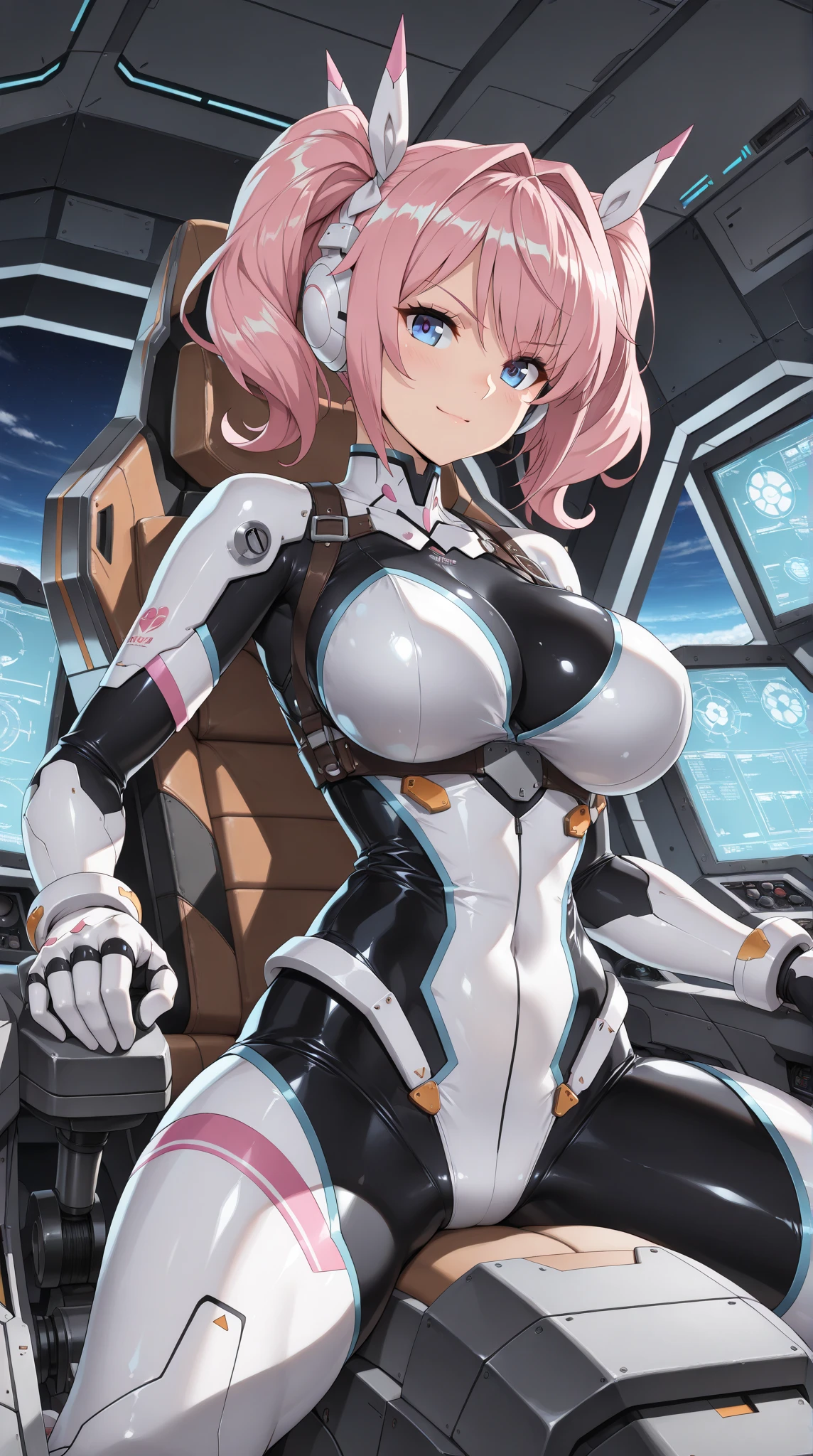 Yellow translucent armor,Arm mecha,Short pink hair,Wavy hair style,Large Breasts,cleavage,Pistol hanging from waist,fighter pilot,fighter hangar,Sexy,Lipstick,Gray eyes,stockings,Short skirt,Smile,Red glasses,earrings,lipstick