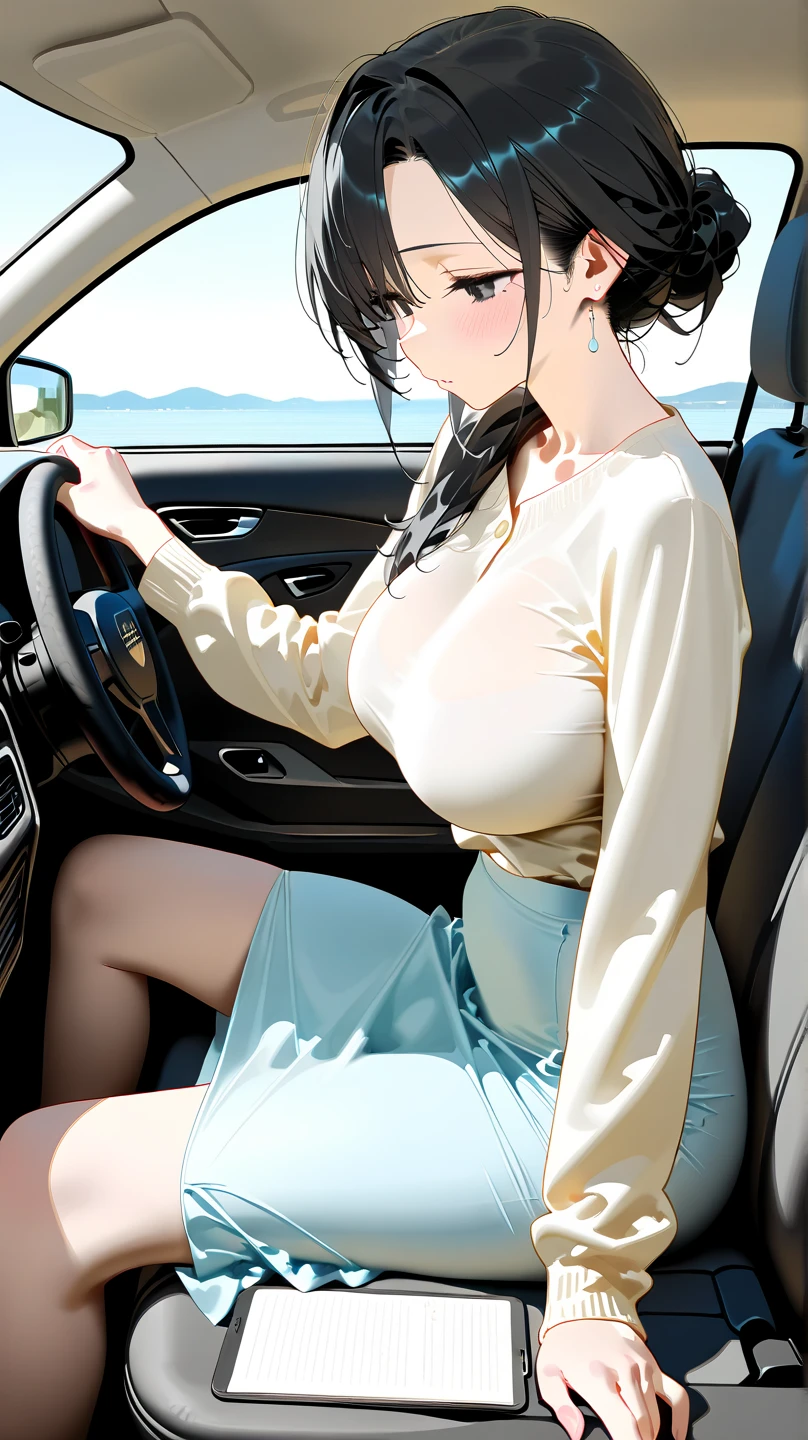 Sexy woman sitting inside a car, tinted windows, partially unbuttoned black shirt, seductive look, sultry pose, placing her leg on us, so sexy, raining outside, foggy windows