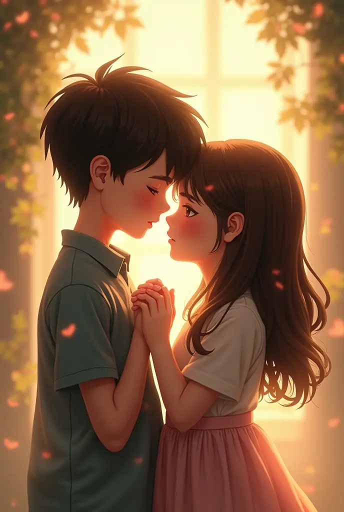 Make me a photo of a boy putting a necklace on a girl