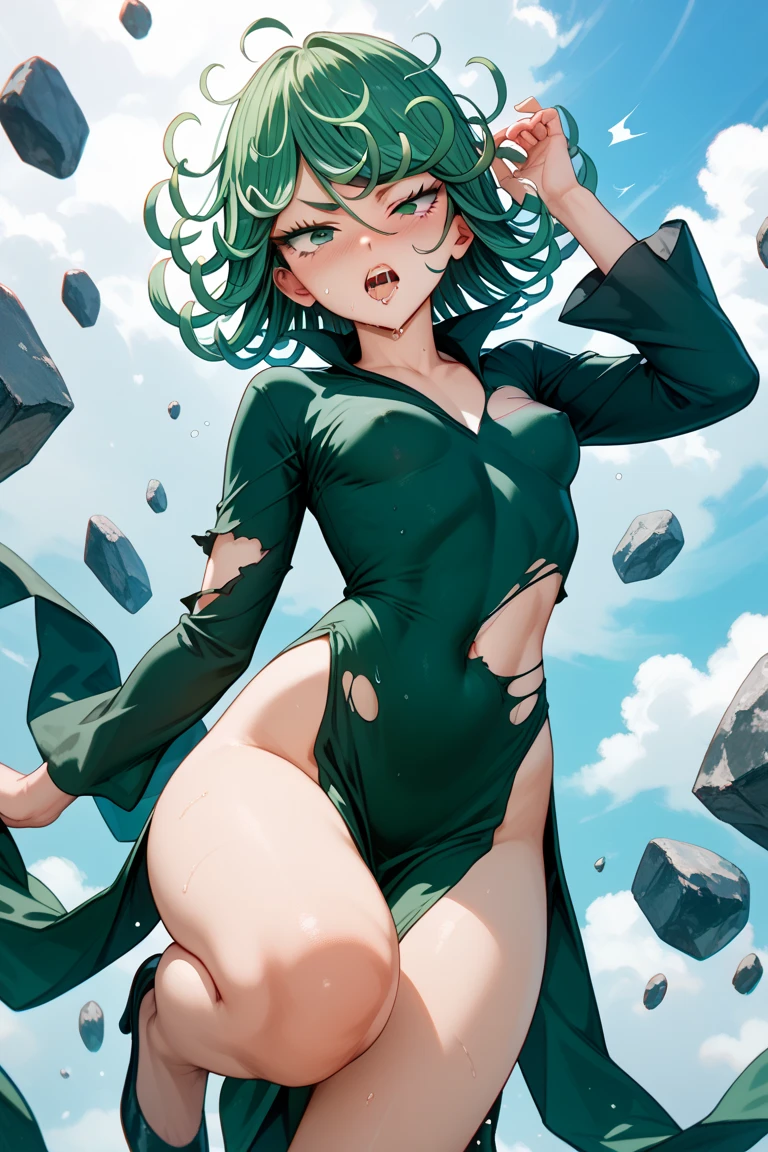 ((top quality, 8k, masterpiece: 1.3, ultra hd, high quality, best quality, high definition, realism)), sharp focus: 1.5, Beautiful girl with a petite and thin body, green hair, Tight clothes that reveal her body shape And the shape of the , Small breast Sexy and seduve pose, thighs wide open Showing her Pubic , pubic hair, The pubic shape looks detailed.