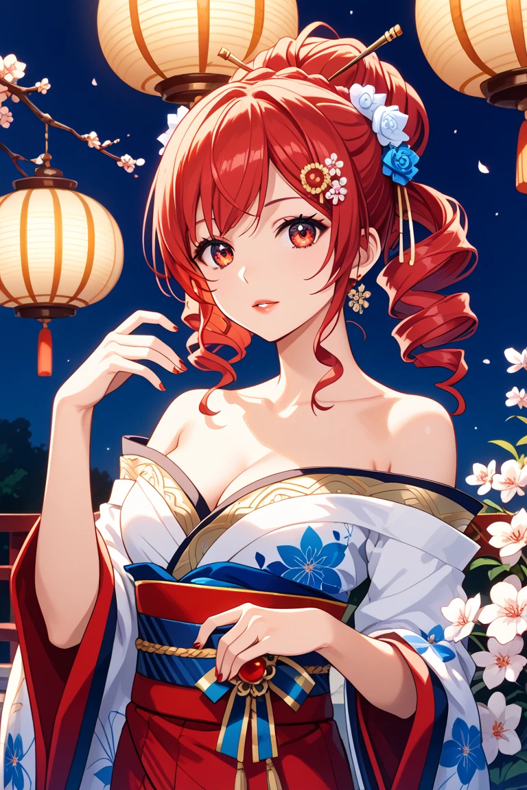 arisugawa natusha, orange hair, 4K, Masterpiece, highres, absurdres, natural volumetric lighting and best shadows, smiling, deep depth of field, soft delicate beautiful attractive face, beautiful edgOiran_woman, a woman in a kimono posing for a picture, cleavage, huge breasts, perfect edgOiran_face, perfect edgOiran_body, edgOiran_makeup, edgOiran_hairstyle