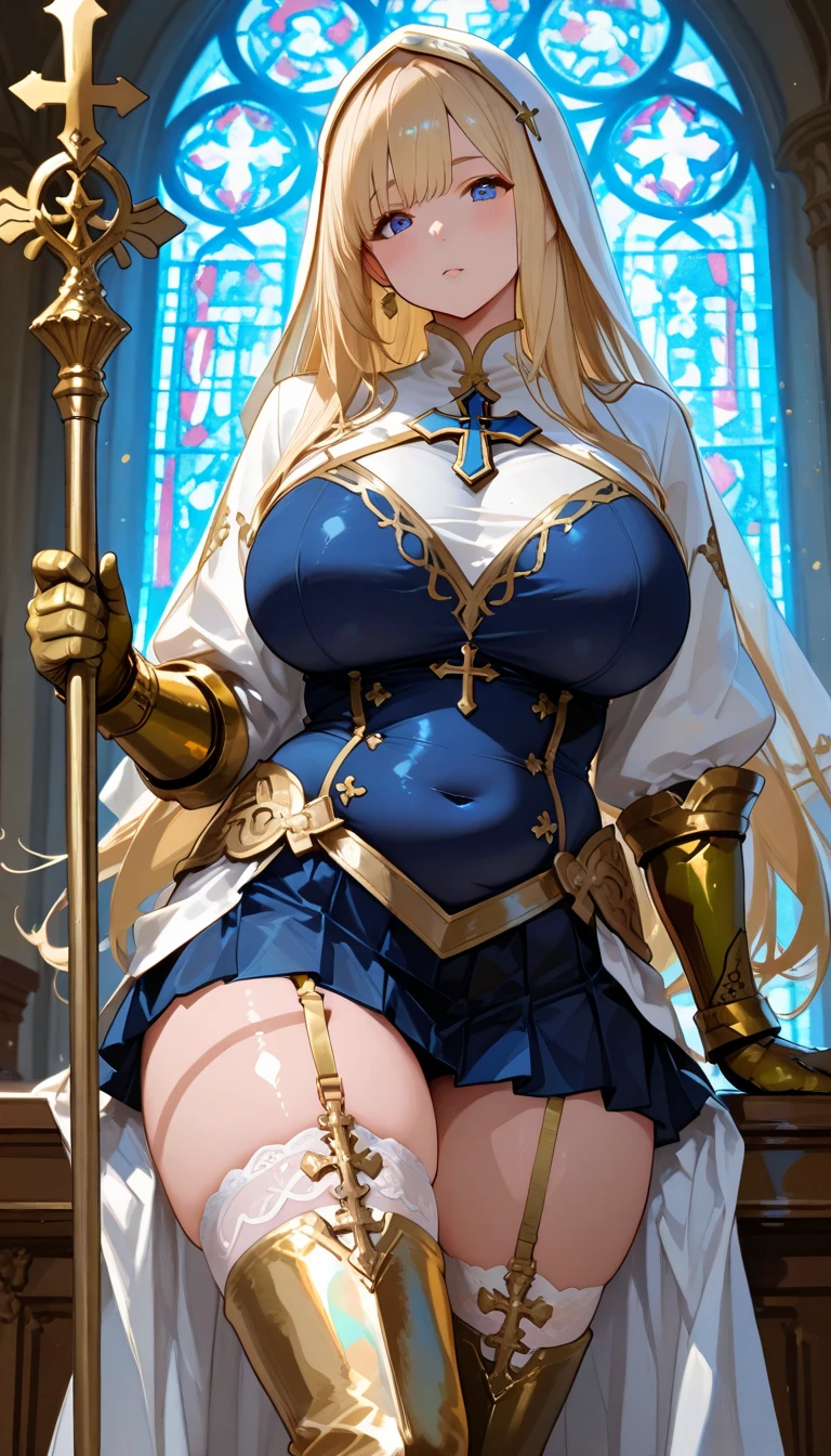 Blonde Wavy Hair、Monk Knight、((White micro bikini panties:1.5)、Gold garter belt、Blue High Socks、(Blue priest robes:1.5)、(Gold Cross:1.5)、slit、High Priestess、Gold Gloves、Gold boots)、((Huge breasts:1.5)、(glamorous、Absolute area、Camel toe、Thick thighs、Wide Hips、curve、Plump、Chubby)、Revealing outfit、NSFW)、(whole body:1.5)、Photographed from the front、Church stained glass、Action pose、
