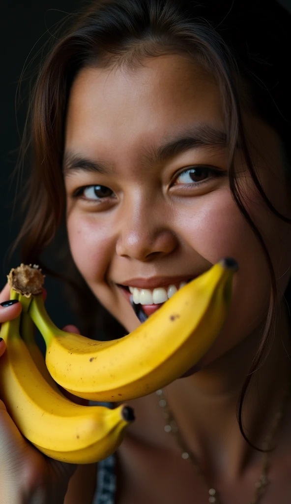 Clothed 30's、A very beautiful Filipino woman。Wearing traditional Filipino clothing。Facing forward、Open your mouth wide、With your right hand、She looks delicious eating the banana she is holding.、I bite into it with the skin on.。The expression is、Ecstatic expression、I feel a strong sense of ecstasy。With a smile、Both eyes are open。The head is peeled、Covered with several real bananas。頭とその周辺にBananaたくさんある。There are bananas all around。Banana、There's just so much。The skin is、Hidden by clothes、Light clothing。There are bananas all around。Covered in bananas。Fully clothed。No tattoos。The background is the color of the Philippine flag.。9:16 sizes。Highest quality、A masterpiece。