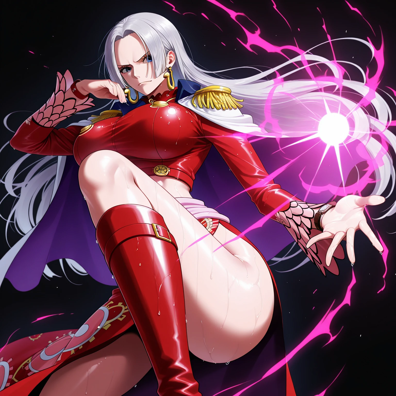 masterpiece, hyperrealistic, best quality, full body image, combat stance, (ultimecia from ffviii), horns, facial markings, white hair, time sorceress ultimecia's dress, purple magical energy around her
