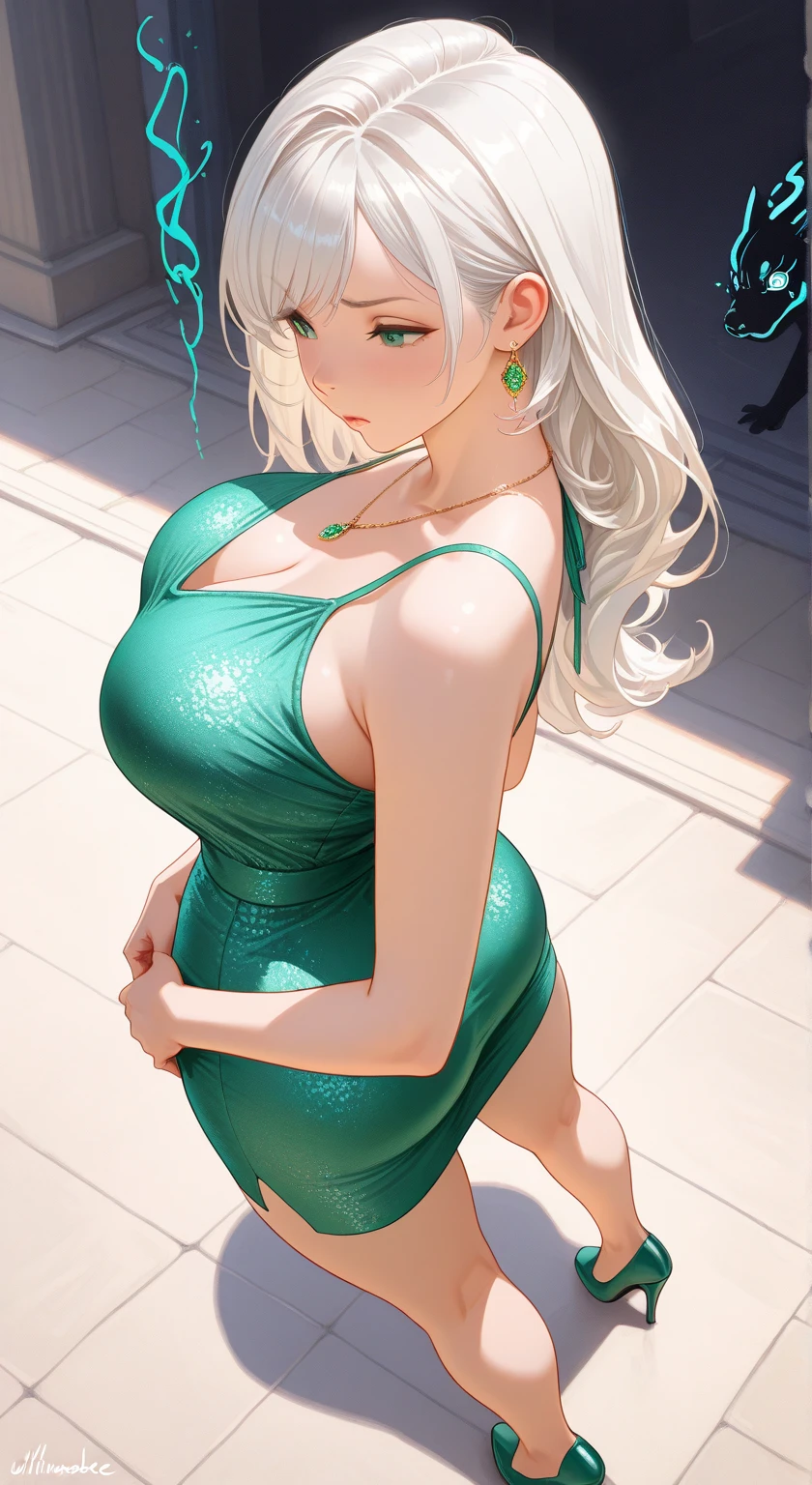 ((masterpiece, best quality)) 1girl solo, curvy bbw, bottom heavy, /(spaghetti strap/) tight emerald corset, /(mini emerald dress/), purple high heels, green eyes, /(blonde hair/) mega twintails, short curly twintails /(forehead/) sidelocks, light smile, parted lips, lip gloss, huge breasts, fat belly, wide hips, flirty pose, hands on hips, 3/4 view, /(wooden dance floor/)