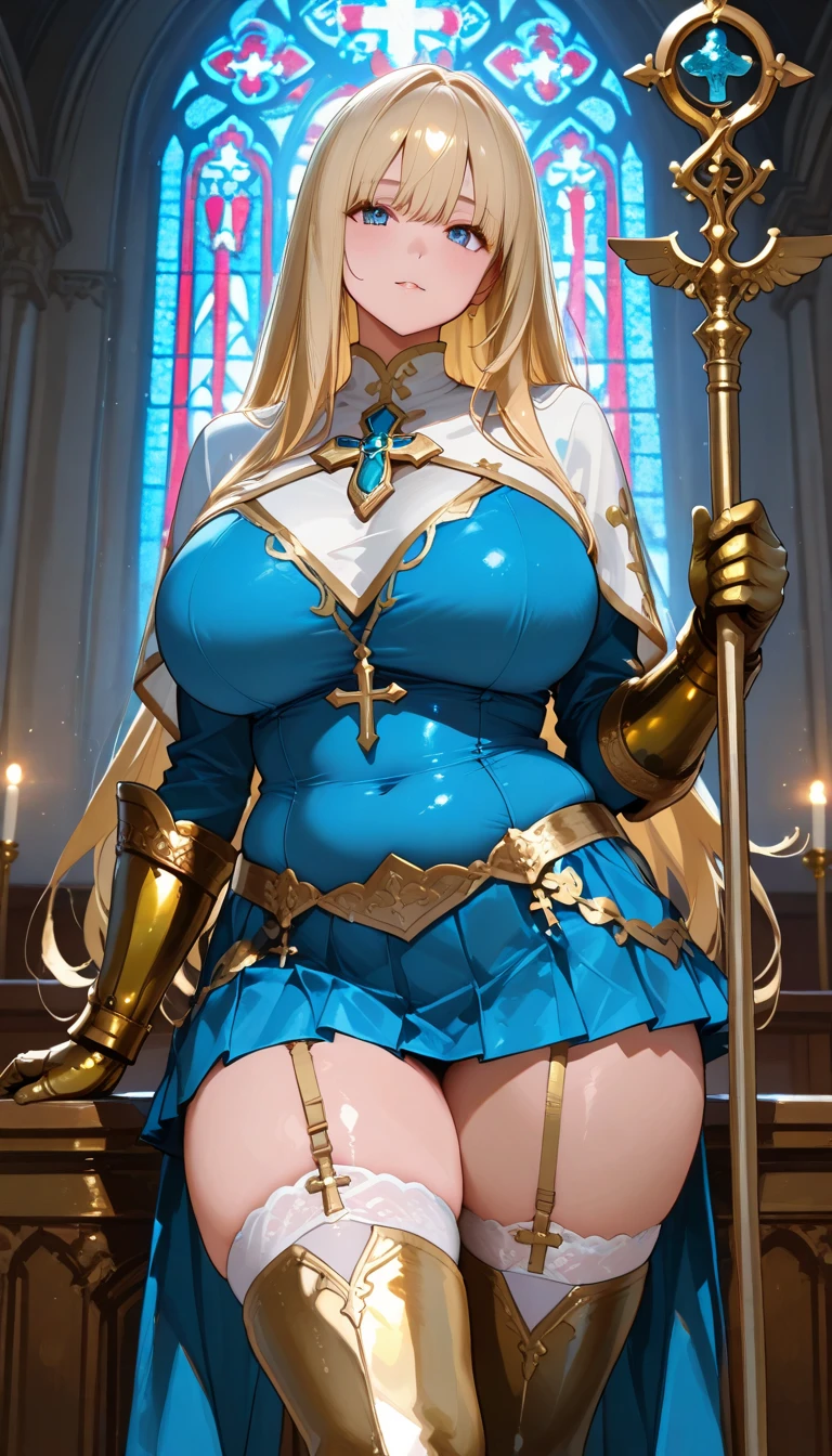 1girl, blonde hair, blue eyes, (white hairband), golden armor, ((naked breasts)), ((naked pussy)), ((from below)), ((looking down)), (scared), ((thick thighs)), ((hourglass figure)), blue skirt, ((close up)), ((pov)), ((sitting))