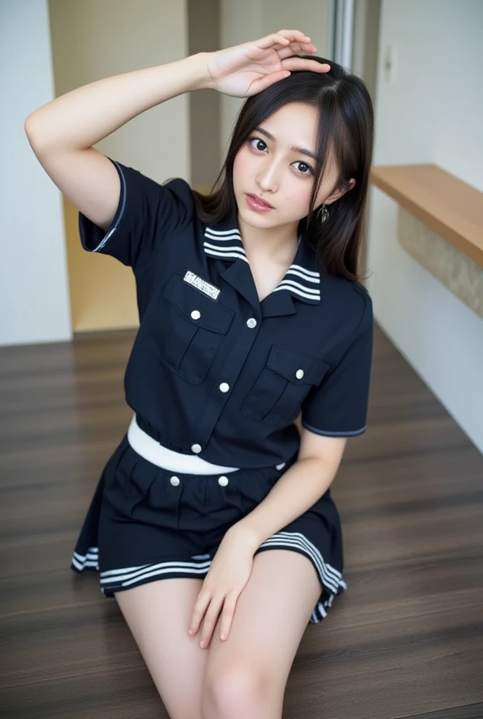 (One Woman)、(masterpiece)、(Highest quality)、(Ultra-detailed)、(High saturation)、((Full Angle))、18 year old beautiful idol schoolgirl、Delicate and beautiful face、(Blonde)、(Disheveled Hair)、(Anime style eyes)、(Short jacket)、((Black Stockings))、(Pleated skirt)、Large Breasts、Standing posture、Looking into the camera,Best lighting、Simple Background