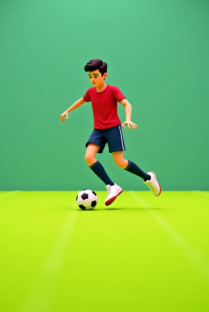 A skinny teenager, with skin, with black hair, short and combed to the side. He is wearing a blue and white shirt. Your shorts are blue, His socks are white and he wears black futsal boots. He is on a futsal court with white neon lights. The court floor is gray. He is kicking a ball.