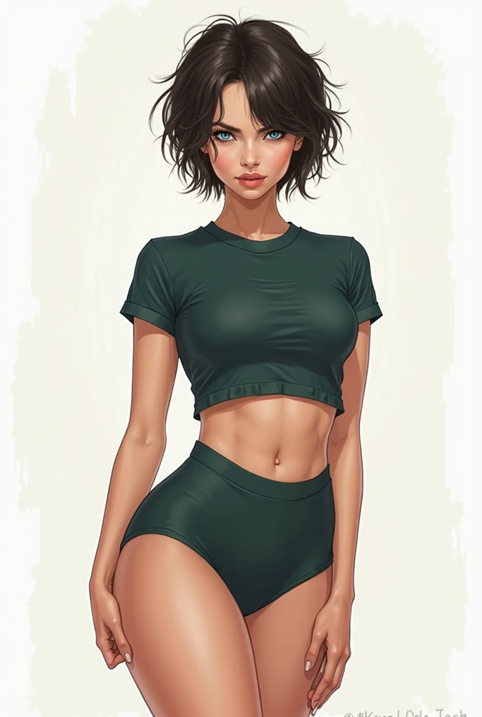An illustrated movie poster, hand-drawn, full color, a teenage elven girl, wearing a lace bralette and bloomer shorts, light brown skin, African-American, Amazonian body, very tall, athletic, hourglass figure, curvy, bottom-heavy, generous hips, massive bubble-butt, long legs, ridiculously thick powerful thighs, hazel green eyes, long pointy elf ears, ash brown hair, short curly bob, posing with butt facing toward camera, early morning fog, wet glistening skin, hard shadows, graphite shading, stencil marks, airbrushed acrylic paint, masterpiece, in the style of Lord of the Rings 