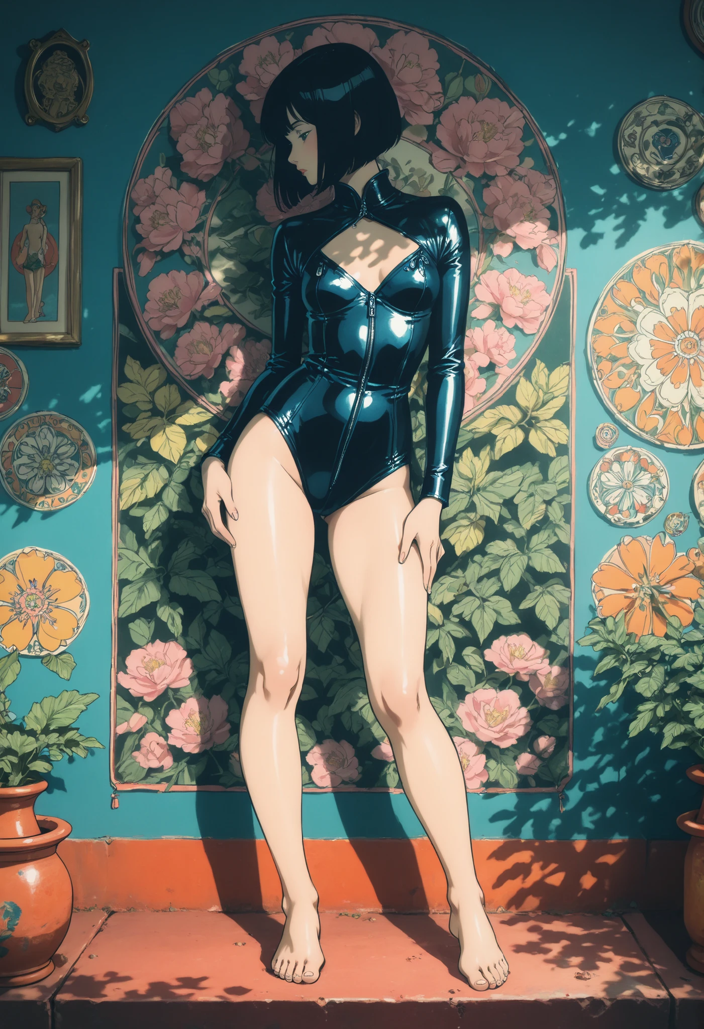 detailed background, Art Deco, beautiful landscape painting , botanical art , Floral art, (Floral: 1.2), (masterpiece, shade), vibrant colors, colorful, shade, amazing details, Anatomically correct, Line art, Depth of the written limit, flat shaded, bokeh, feminine, , black hair, full body, sexy, passionate, Stretch your legs, ( thighs), (small breasts), Slim style, (barefoot), Mucha style , Ukiyo-e style , Caution when browsing , leather suit