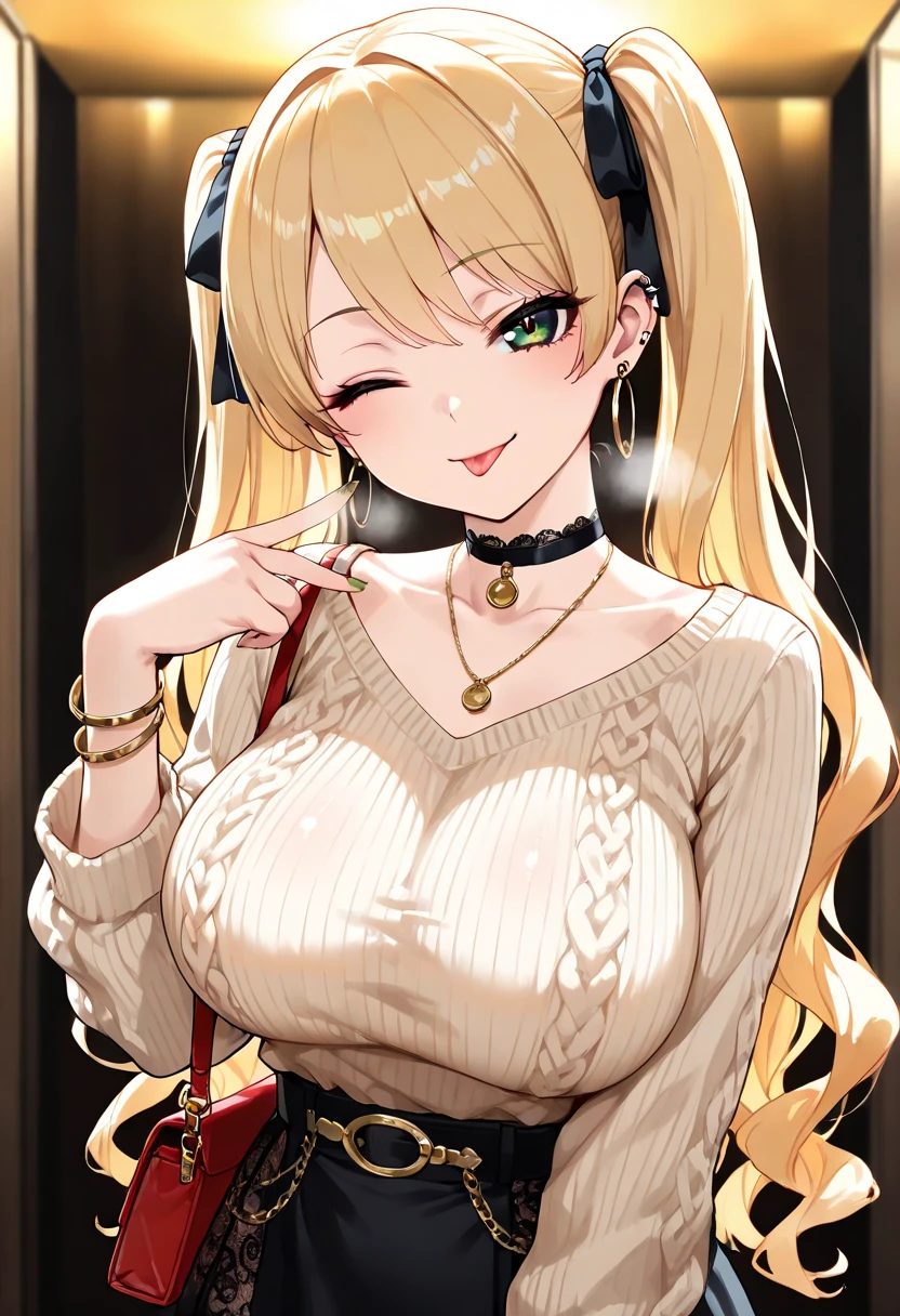 1 girl, animal ears, Thighhighs, tail, long hair, blonde hair, smile, skirt, white background, twintails, :d, ((perfect female body, upper body)), bell, long sleeve, Virtual YouTuber, open your mouth, removed sleeve, puff sleeves, simple background, bag, bangs, looking at the viewer, animal bag, bow, bare shoulders, jingle bell, blush, red eyes, standing, simple background, highest quality, High resolution, everything is complicated, (cowboy shot),akushizu style