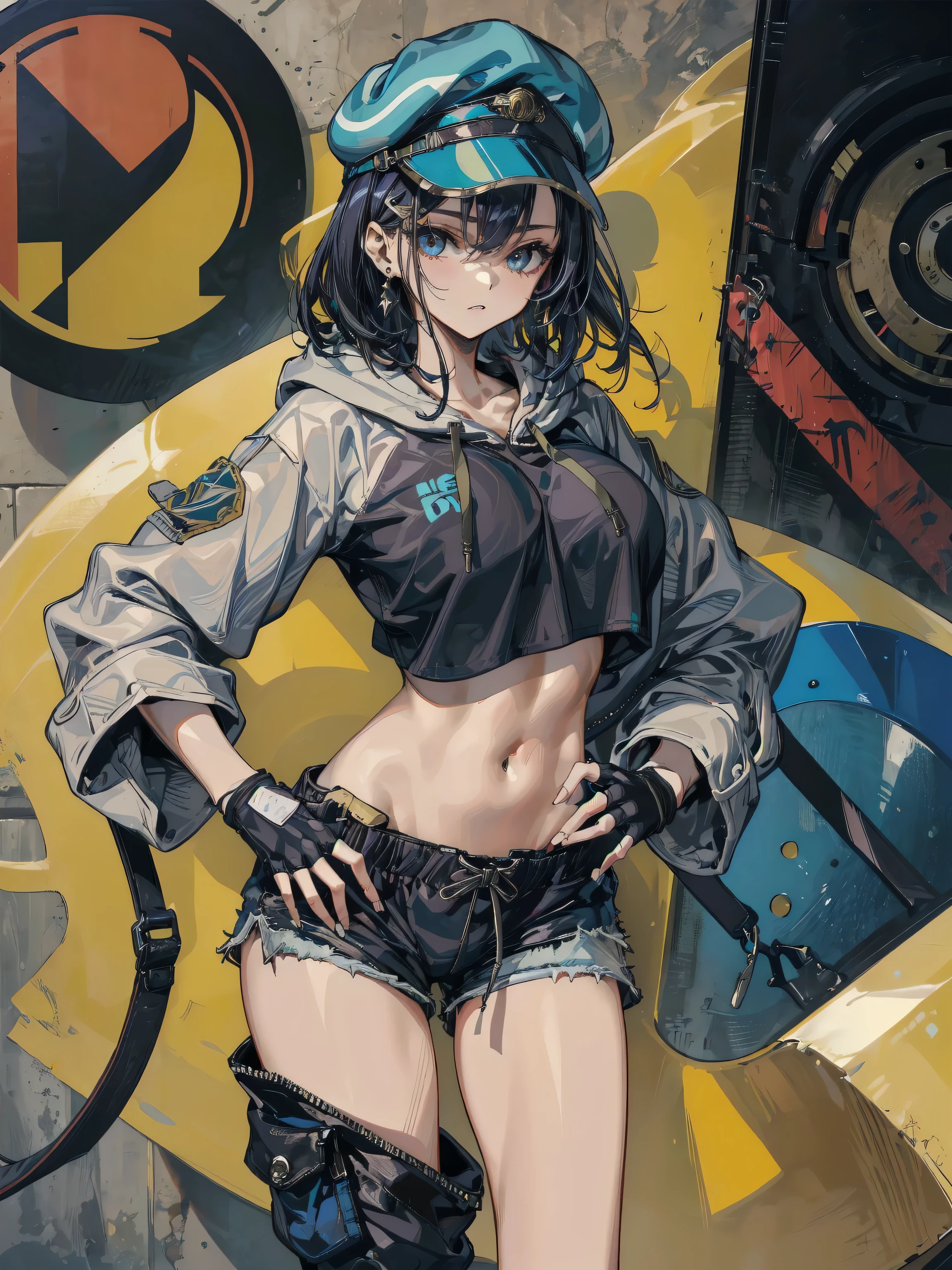 sad girl (((muscular girl large breasts thick toned body mechanical girl))) pale skin black hair yellow eyes sad thin waist long abs girl leggings (((large breasts thick toned muscular body mechanical girl)))