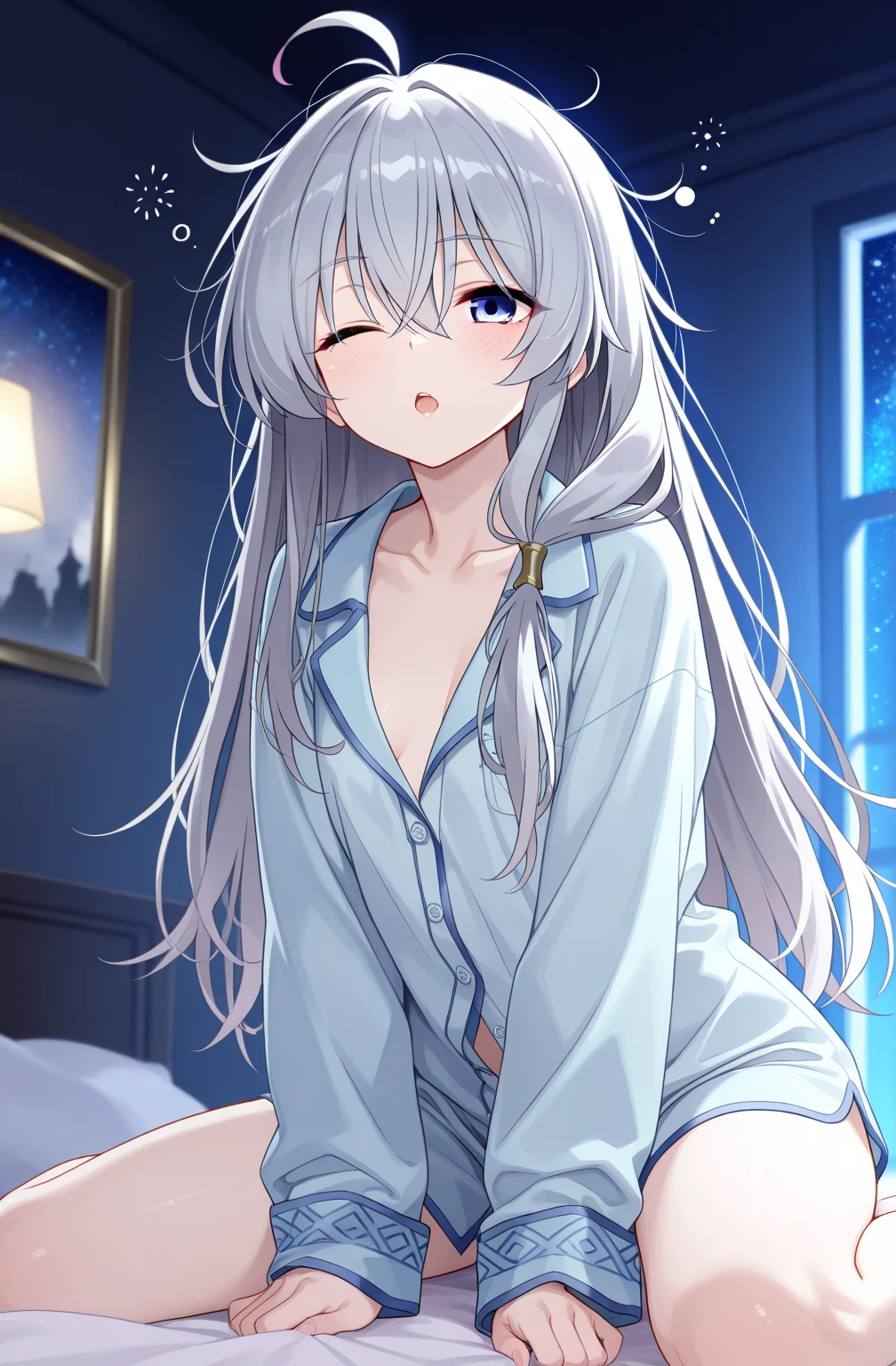 detailed， dense， masterpiece， A girl， Beautiful big breasts， Wearing a white cardigan， permanent，Standing by the bed，With blanket，  white hair， 16 years old， Light and smooth skin， Light skin， Shiny Hair， Clear eyes， Light&#39;s eyes，blue eyes， Light pink lips， （Audience looking down： 0. 8） Smile， Cheeks dyed red， Very shy， open mouth， By Bangs， White sleeves， White coat， A girl， soft skin，Large cleavage， Light skin， Light， Rich Light， room Lighting， Simple gold necklace， Diamond necklace， white lace bra， White lace， white lace underwear， High Angle， Low Angle， （masterpiece： 1.0）， （Practical： 1.6）， （Soft Focus： 1.5），black，