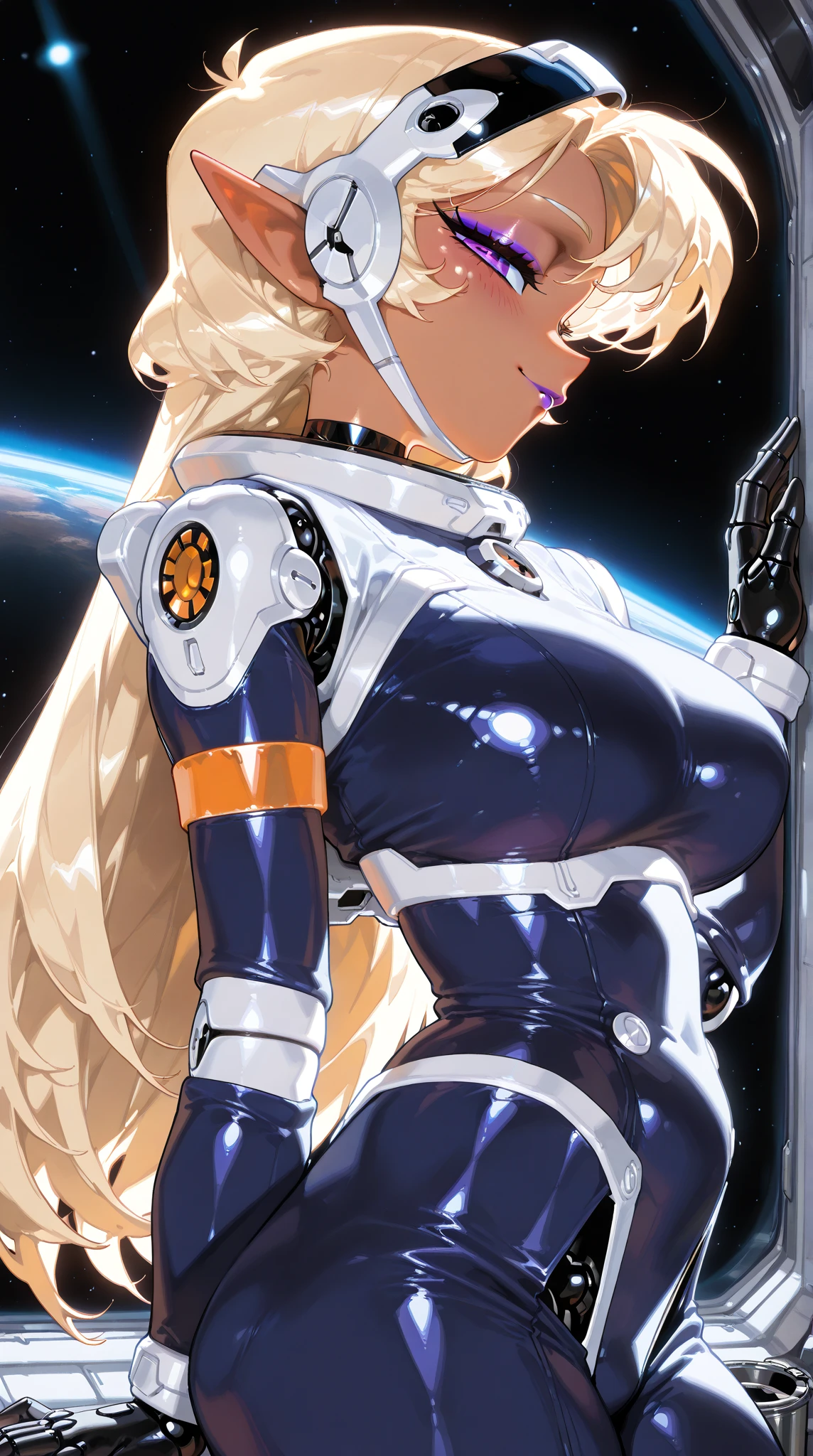 (incredible high resolution, masterpiece, highest quality, highly detailed depiction, CG, high quality anime drawing), one seductive female android, solo, (navy blue space suit with impressive metallic surface texture that reflects light vividly, space suit helmet, black gloves), (mechanical body: 1.3, blonde, long hair, shiny hair, purple eyes, half-open slanted eyes, highly detailed eyes, eyelashes, pointed ears, flashy makeup, lips with brightly colored lipstick and matching eyeshadow, brown skin: 1.3, large breasts, android body, perfect female proportions, ideally proportioned body proportions, attractive proportions, robot joints, doll joints, seductive smile, blush), (inside a space station, outer space can be seen outside a large window), (side view, profile, gloss and shine,  lighting, spotlight)