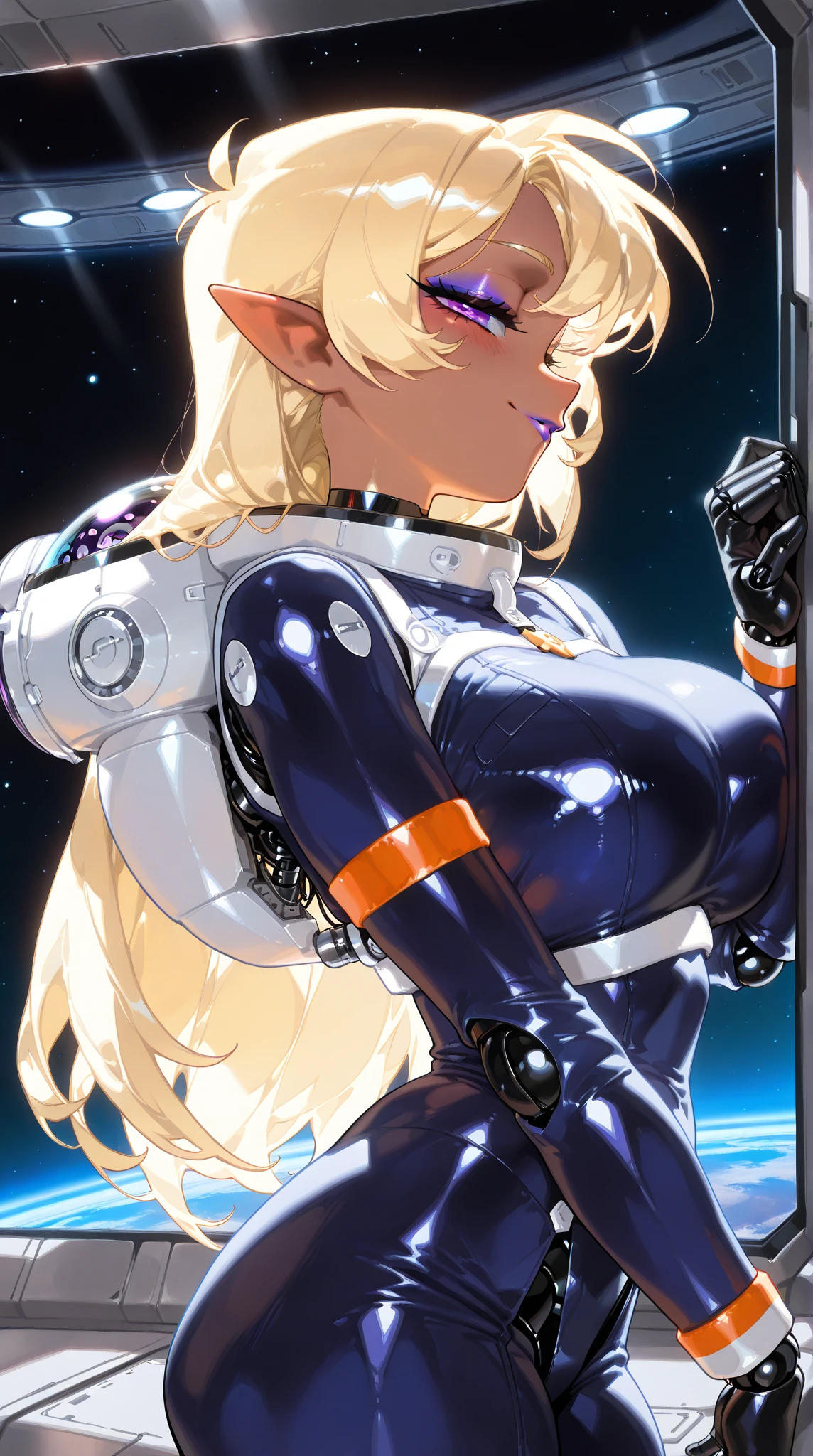 (incredible high resolution, masterpiece, highest quality, highly detailed depiction, CG, high quality anime drawing), one seductive female android, solo, (navy blue space suit with impressive metallic surface texture that reflects light vividly, space suit helmet, black gloves), (mechanical body: 1.3, blonde, long hair, shiny hair, purple eyes, half-open slanted eyes, highly detailed eyes, eyelashes, pointed ears, flashy makeup, lips with brightly colored lipstick and matching eyeshadow, brown skin: 1.3, large breasts, android body, perfect female proportions, ideally proportioned body proportions, attractive proportions, robot joints, doll joints, seductive smile, blush), (inside a space station, outer space can be seen outside a large window), (side view, profile, gloss and shine,  lighting, spotlight)
