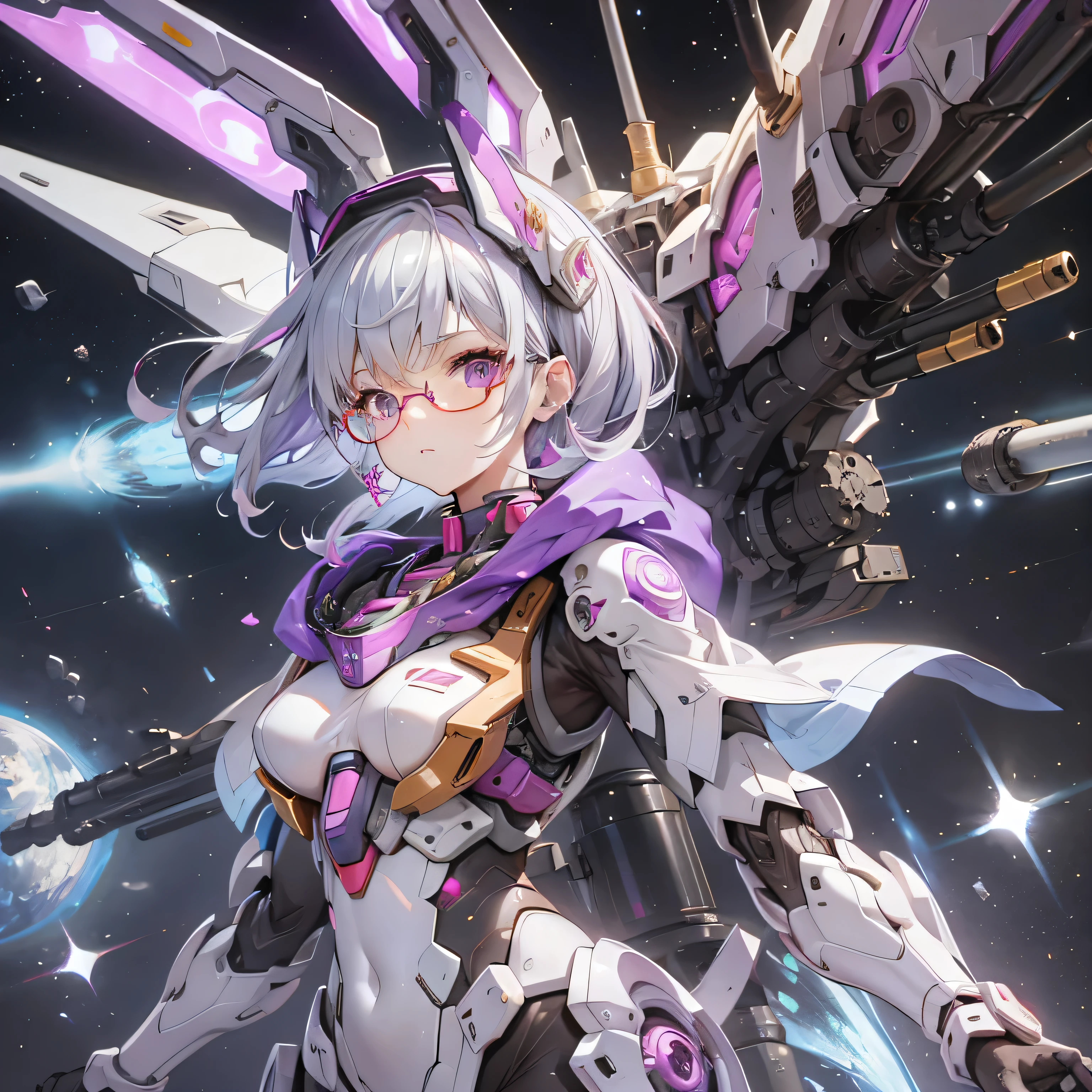 Glasses、woman, Silver Hair、Jeong 、Purple Body、 Hi-Res,sunny, mechanical woman,Armed, nostalgic,universe,gundam,gun