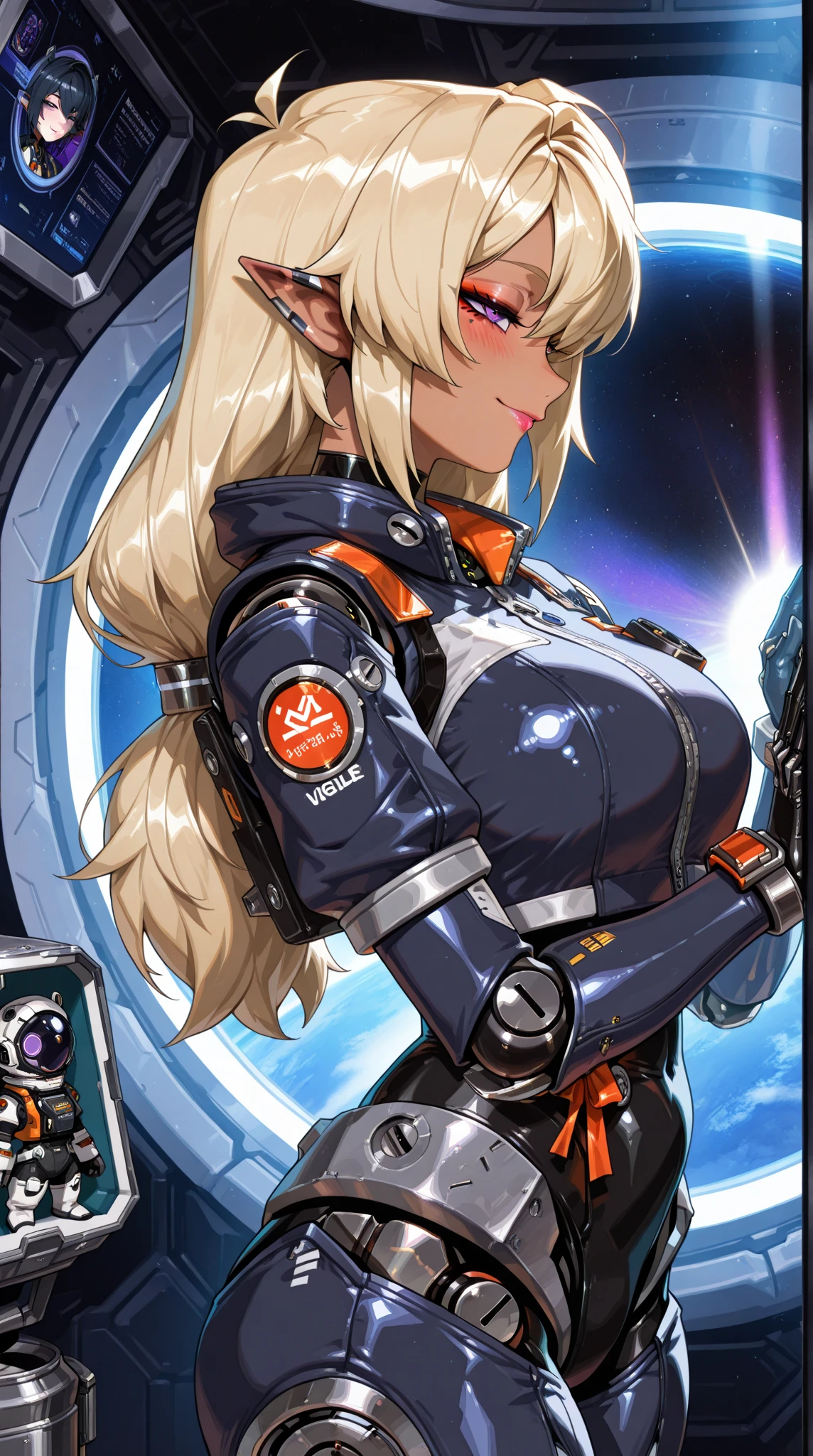 (incredible high resolution, masterpiece, highest quality, highly detailed depiction, CG, high quality anime drawing), one seductive female android, solo, (navy blue space suit with impressive metallic surface texture that reflects light vividly, space suit helmet, black gloves), (mechanical body: 1.3, blonde, long hair, shiny hair, purple eyes, half-open slanted eyes, highly detailed eyes, eyelashes, pointed ears, flashy makeup, lips with brightly colored lipstick and matching eyeshadow, brown skin: 1.3, large breasts, android body, perfect female proportions, ideally proportioned body proportions, attractive proportions, robot joints, doll joints, seductive smile, blush), (inside a space station, outer space can be seen outside a large window), (side view, profile, gloss and shine,  lighting, spotlight)