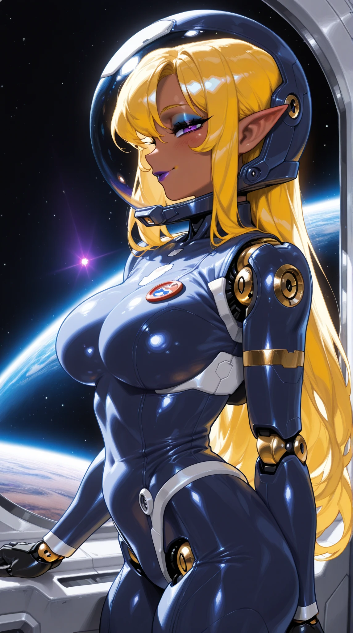 (incredible high resolution, masterpiece, highest quality, highly detailed depiction, CG, high quality anime drawing), one seductive female android, solo, (navy blue space suit with impressive metallic surface texture that reflects light vividly, space suit helmet, black gloves), (mechanical body: 1.3, blonde, long hair, shiny hair, purple eyes, half-open slanted eyes, highly detailed eyes, eyelashes, pointed ears, flashy makeup, lips with brightly colored lipstick and matching eyeshadow, brown skin: 1.3, large breasts, android body, perfect female proportions, ideally proportioned body proportions, attractive proportions, robot joints, doll joints, seductive smile, blush), (inside a space station, outer space can be seen outside a large window), (side view, profile, gloss and shine,  lighting, spotlight)