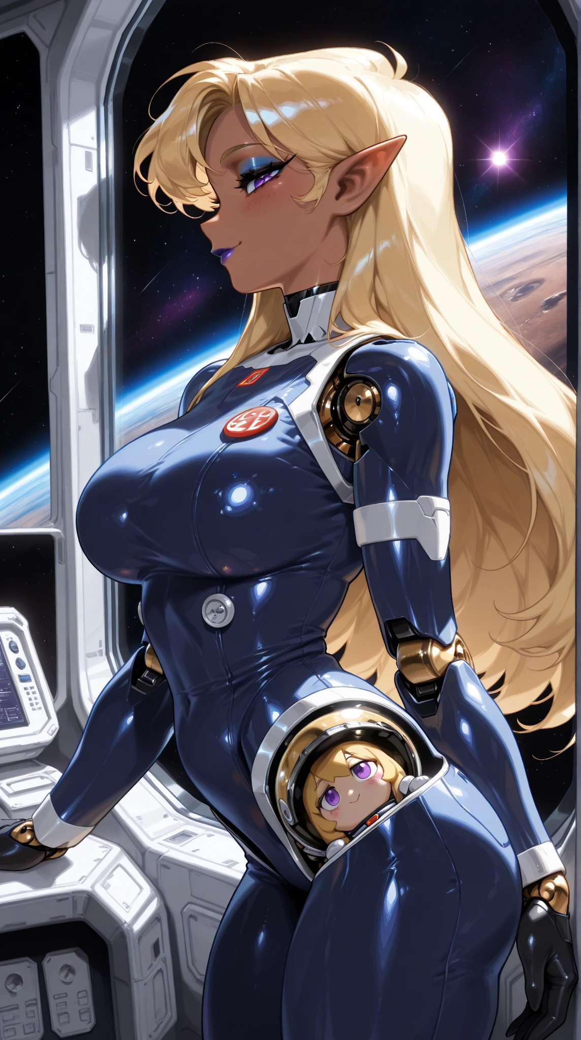 (incredible high resolution, masterpiece, highest quality, highly detailed depiction, CG, high quality anime drawing), one seductive female android, solo, (navy blue space suit with impressive metallic surface texture that reflects light vividly, space suit helmet, black gloves), (mechanical body: 1.3, blonde, long hair, shiny hair, purple eyes, half-open slanted eyes, highly detailed eyes, eyelashes, pointed ears, flashy makeup, lips with brightly colored lipstick and matching eyeshadow, brown skin: 1.3, large breasts, android body, perfect female proportions, ideally proportioned body proportions, attractive proportions, robot joints, doll joints, seductive smile, blush), (inside a space station, outer space can be seen outside a large window), (side view, profile, gloss and shine,  lighting, spotlight)