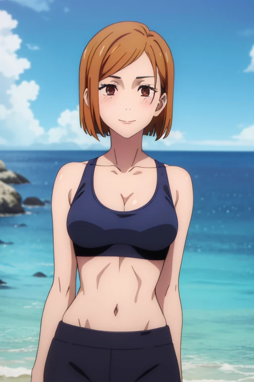 [ochako uraraka; Boku no hero academia], ((solo portrait)), ((raw photo)), ((High definition)), ((anime)), ((Kohei Horikoshi)), ((raytracing)), ((detailed shading)), {ochako; (blushy cheeks, big round brown eyes, short brown hair, short eyelashes, large boobs, curvaceous hips), (pink 2-piece bathing suit), (excited smile; mouth open), (athletic body; defined abs)}, ((sittng on beach towel; looking at viewer), waving), [Background; (outside daytime; beautiful ocean, detailed sand)]