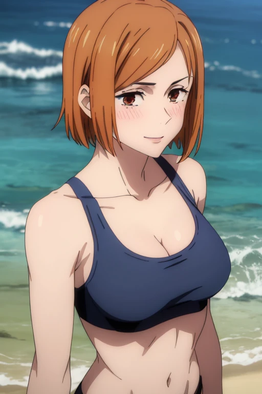 (masterpiece), (best quality), (ultra-detailed), (best illustration), (best shadow), (absurdres), nobarakugisakinova, short hair, orange hair, ((brown eyes)), kugisaki nobara, 1girl, solo, bangs, looking at viewer, upper body, ((blue bikini top)), cleavage, denim shorts, ocean background, perfect body, ((perfect breasts)), charming smile, Hourglass body, thin waist, very thin waist, hands on hips, ((large breasts)), sexy, bare thighs, bent over, ((ass)),